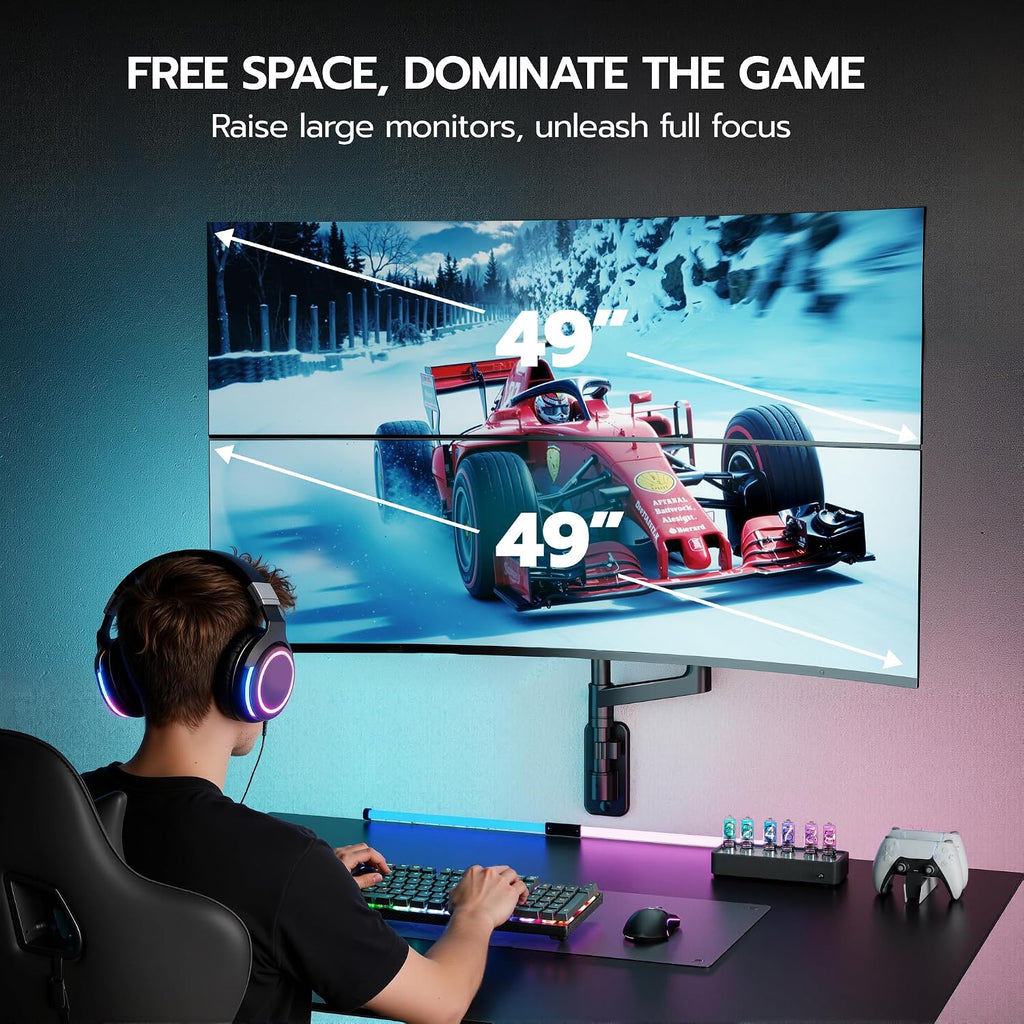 ARES WING Dual Monitor Wall Mount for 17-49 Inch Ultrawide Screens, Heavy Duty Wall Mount Monitor Arm Holds 44 lbs Each, Fully Adjustable Gas Spring Monitor Arm, 75x75/100x100 VESA Mount, Black