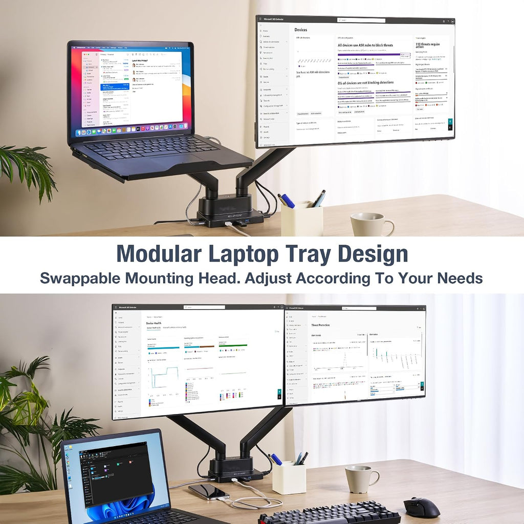 AVLT Dual 17'-38' Monitor Arm Desk Mount with 17' Laptop Tray and USB-C Docking Station, HDMI 4K60Hz, USB-A 5Gbps, Ethernet, 100W PD, Fits Two Flat/Curved - Black