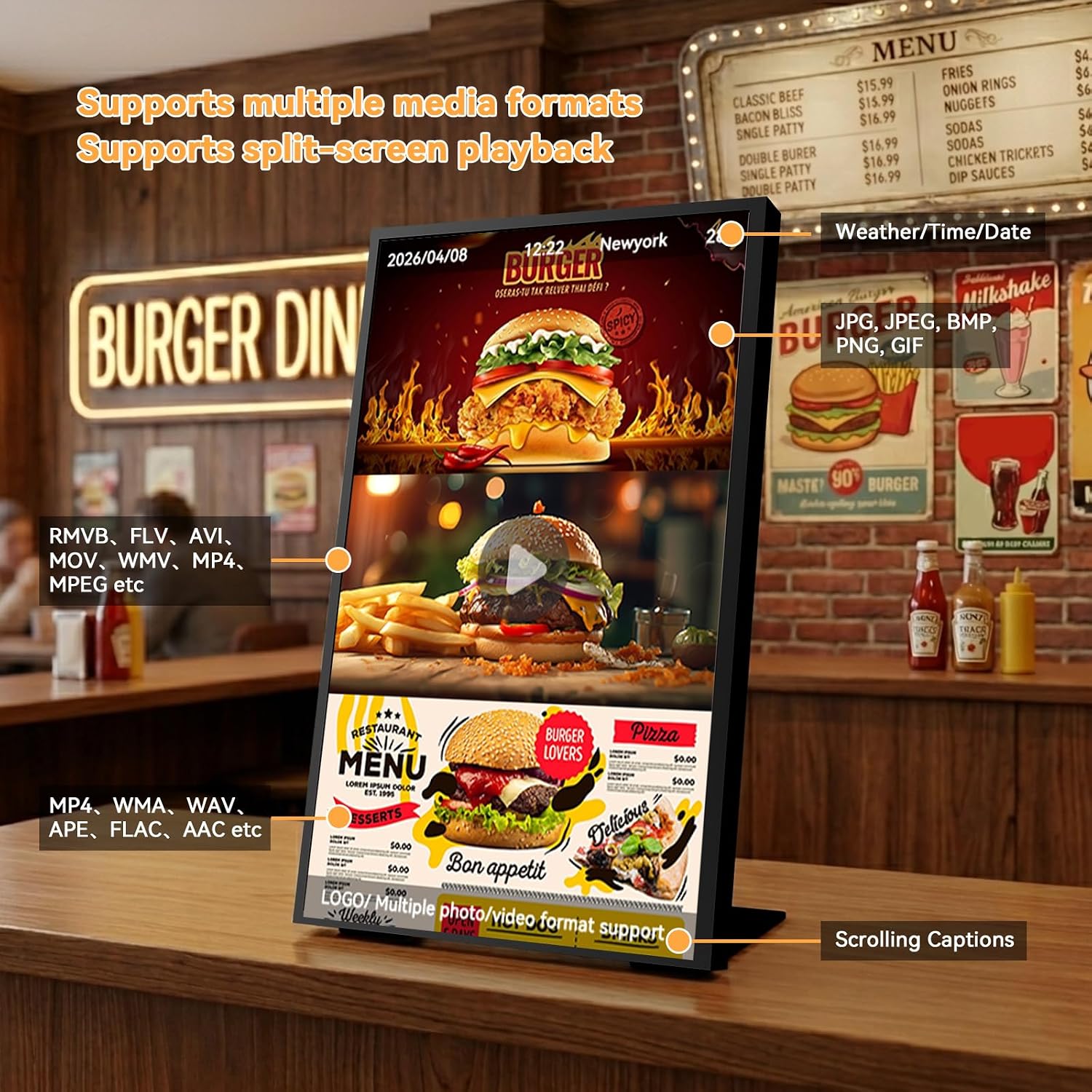 Digital Signage Display, 18.5 Inch 700 Nits Ultra-Bright Digital Menu Board with CMS, Desktop Digital Signage for Business, Restaurants & Commercial Use