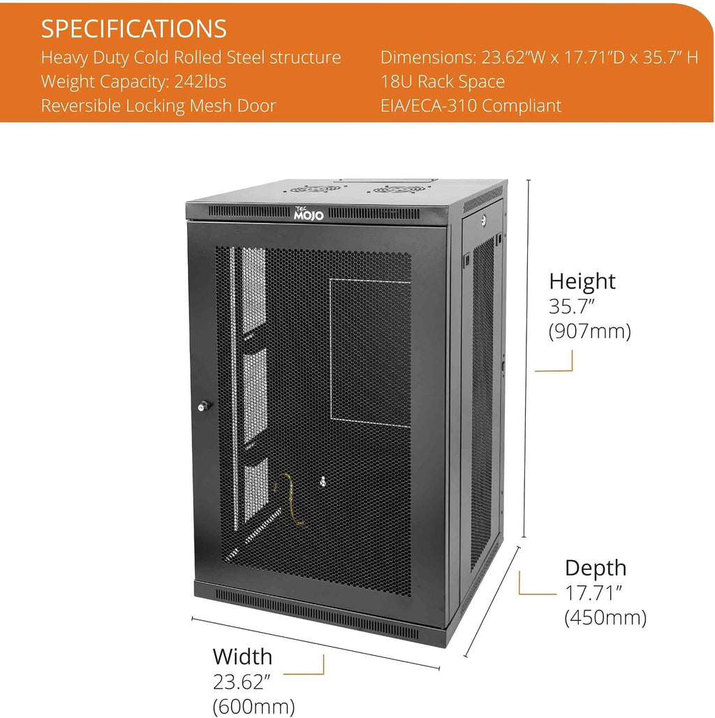 Tecmojo 18U Wall Mount Rack,18U Rack 17.7 Inch Depth,Hold Up to 176 Lbs,Enclosed Wall Mount Rack Kit for 19 Inch Network,Server and AV Gear,Mesh Door(Elite Collection)
