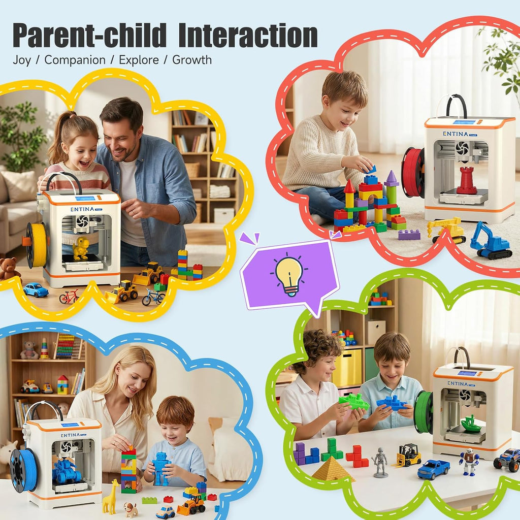 Entina Tina2C Mini 3D Printer for Kids & Beginners, Fully Assembled, Auto Leveling, Easy Setup, WiFi & APP Control, 1500+ Model Library, 20+ Create DIY Module, Includes 4 Color PLA for Home & School
