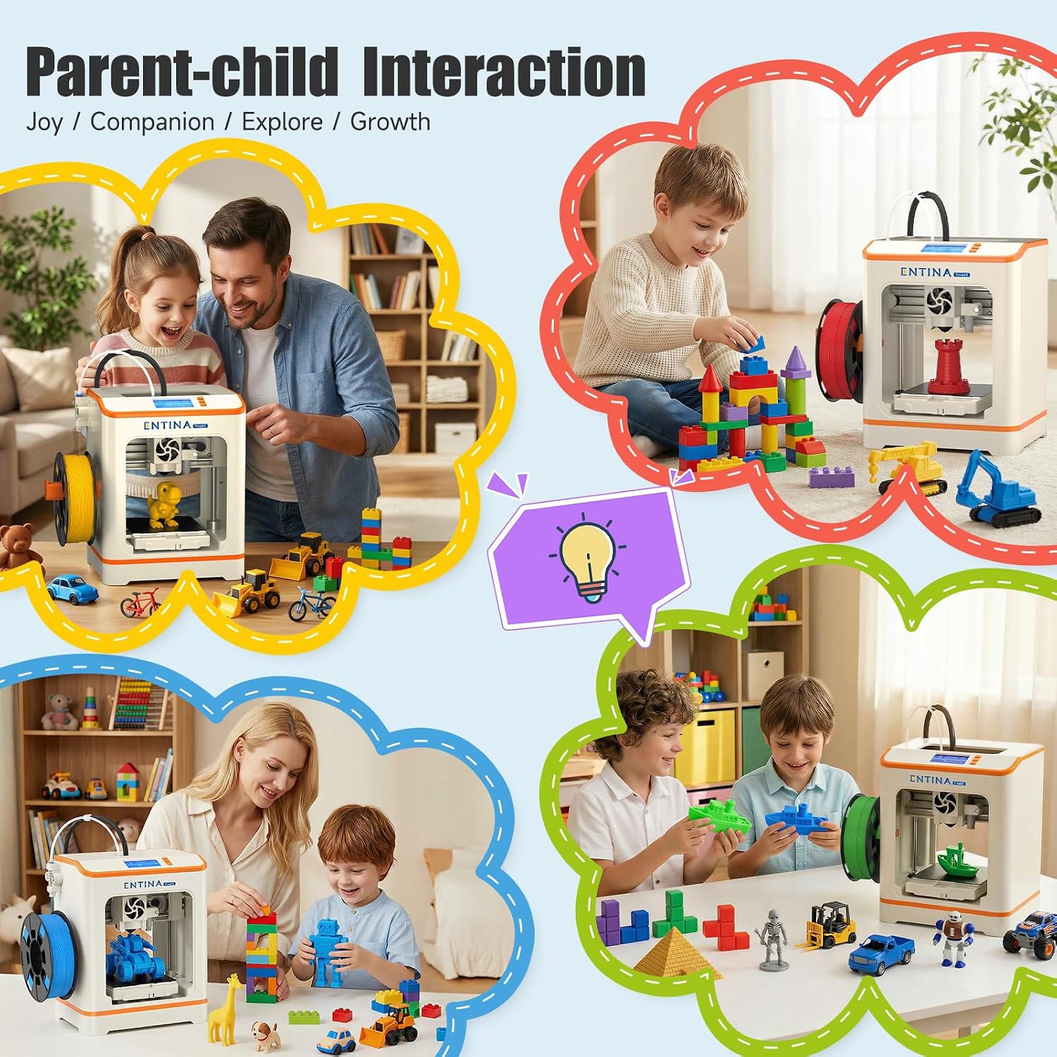 Entina Tina2C Mini 3D Printer for Kids & Beginners, Fully Assembled, Auto Leveling, Easy Setup, WiFi & APP Control, 1500+ Model Library, 20+ Create DIY Module, Includes 4 Color PLA for Home & School