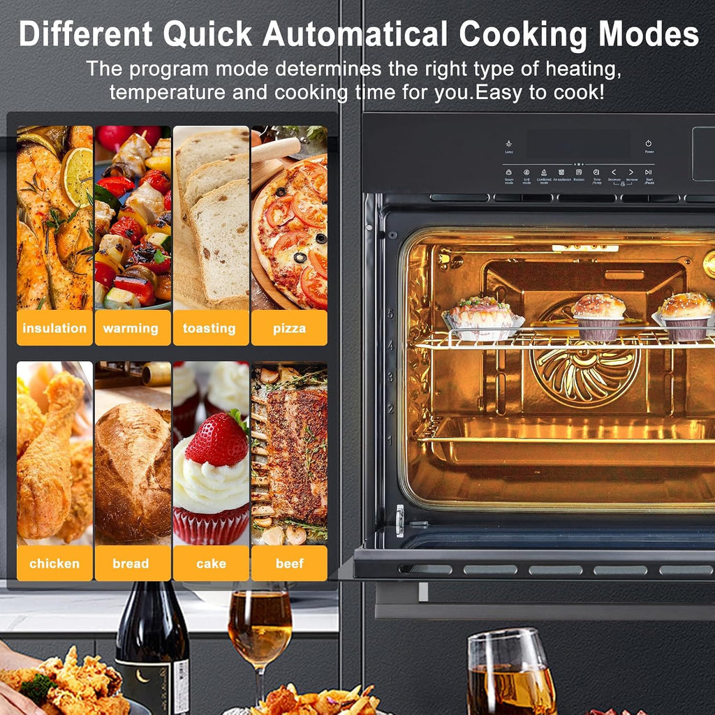 24 Inch Stainless Steel Toaster Oven and Black Air Fryer Combo: 70L Capacity, 3D Heating with Steam, Touch Control, Multi-Function Modes for Countertop Built-in Use