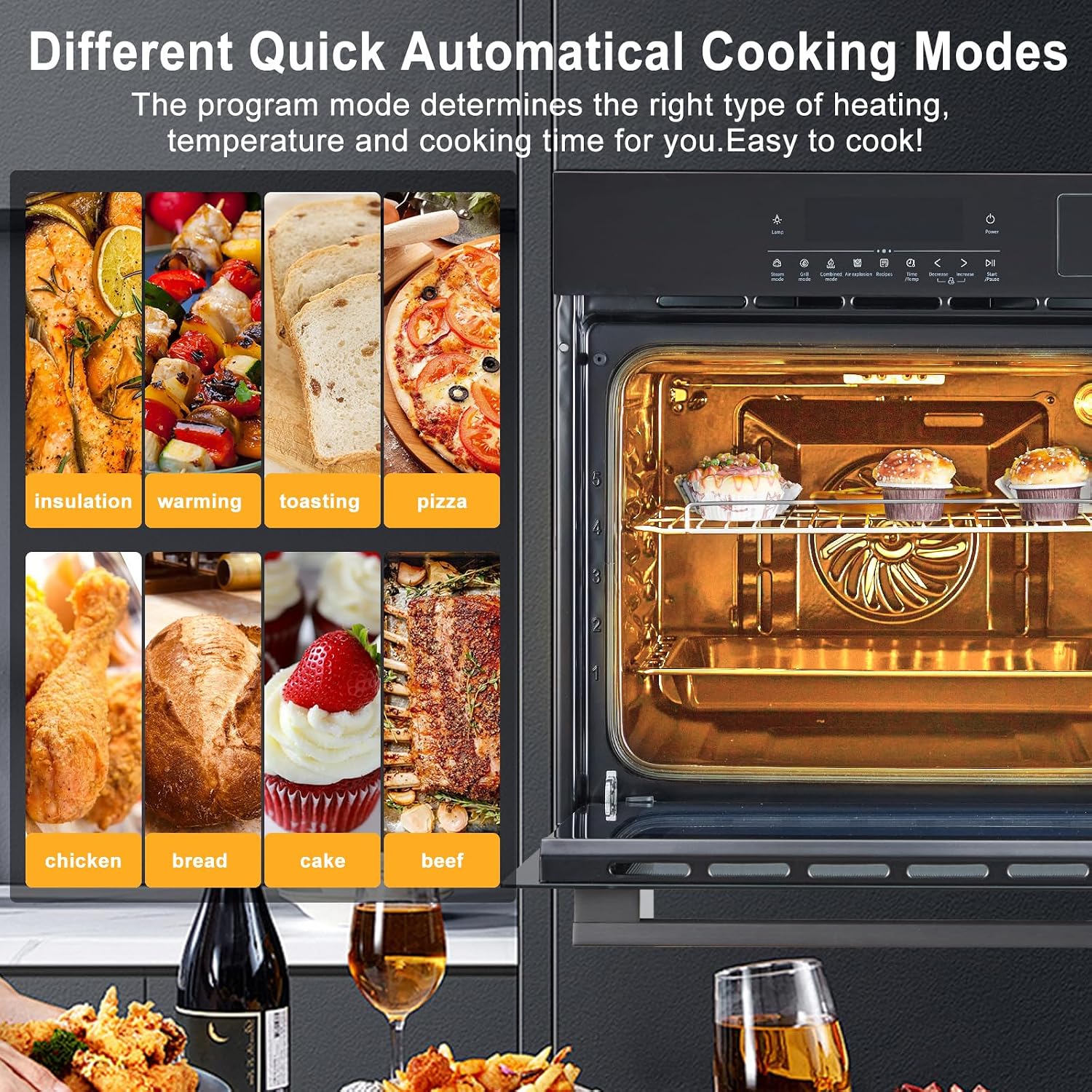 24 Inch Stainless Steel Toaster Oven and Black Air Fryer Combo: 70L Capacity, 3D Heating with Steam, Touch Control, Multi-Function Modes for Countertop Built-in Use