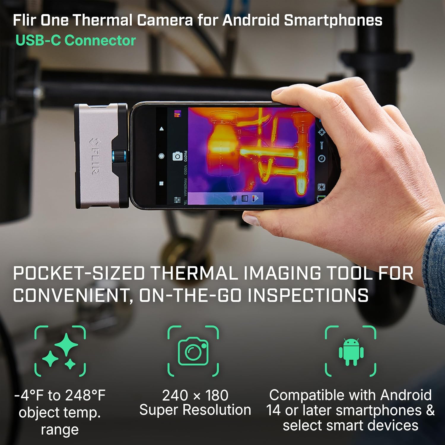 Flir One - Thermal Imaging Camera for Android Smartphones (USB-C), 240x180 Super Resolution (80x60 Native IR)