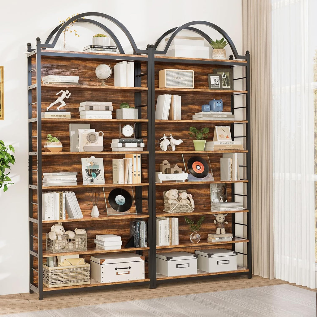 8-Tier CD Storage Racks,CDs DVDs Game Video Media Organizer Cabinet with 7 Shelves,78.7' Arched-Top Industrial Tall Bookshelf Display Bookcase Brown Black