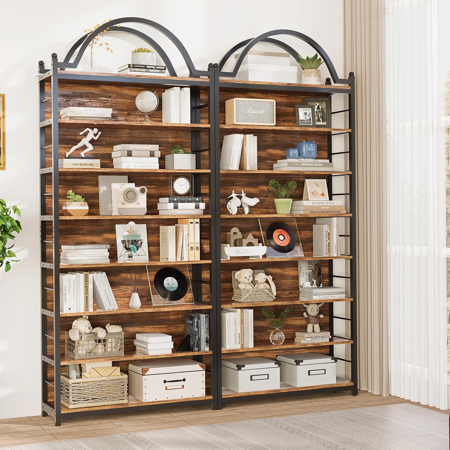 8-Tier CD Storage Racks,CDs DVDs Game Video Media Organizer Cabinet with 7 Shelves,78.7' Arched-Top Industrial Tall Bookshelf Display Bookcase Brown Black