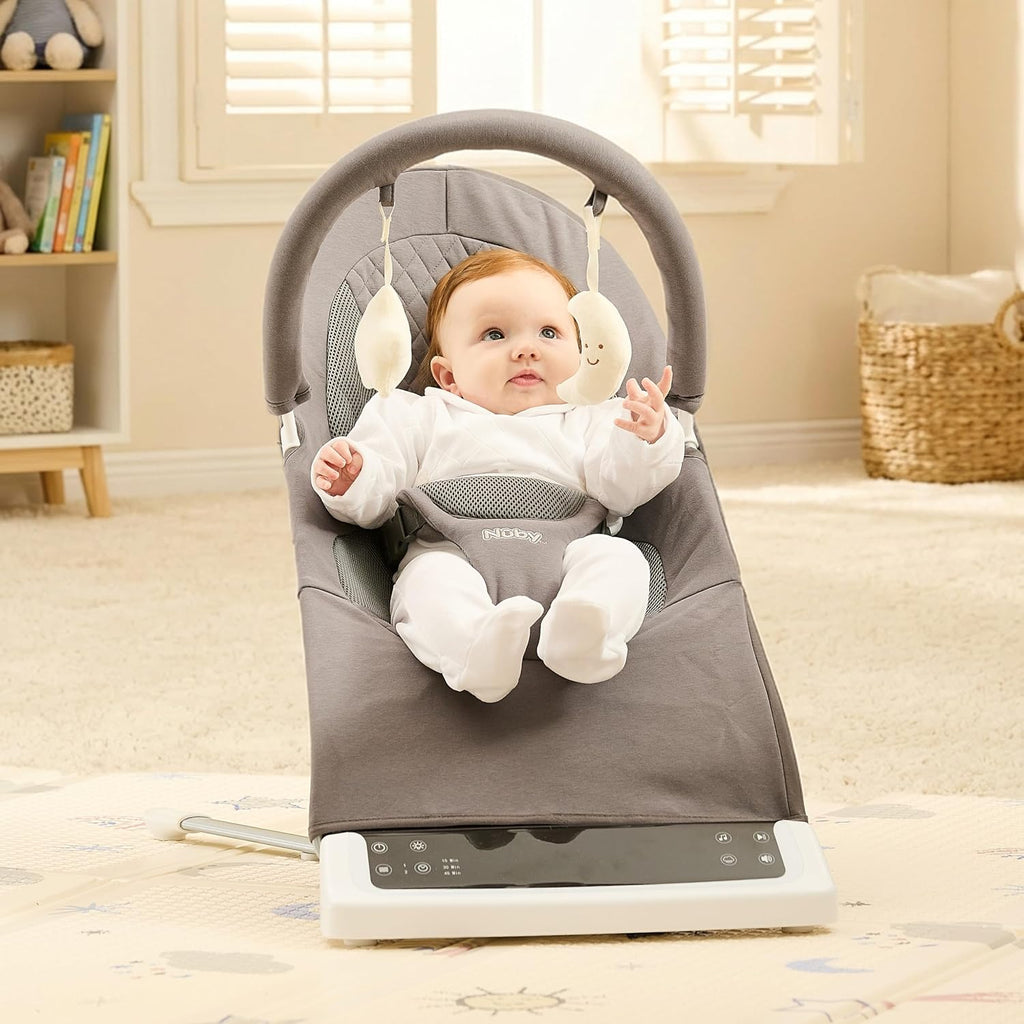 Nuby Deluxe Baby Bouncer Seat - Portable Infant Bouncer with Music, Fun Sounds, and Soothing Vibrations - Digital Display - 0-6 Months - Gray