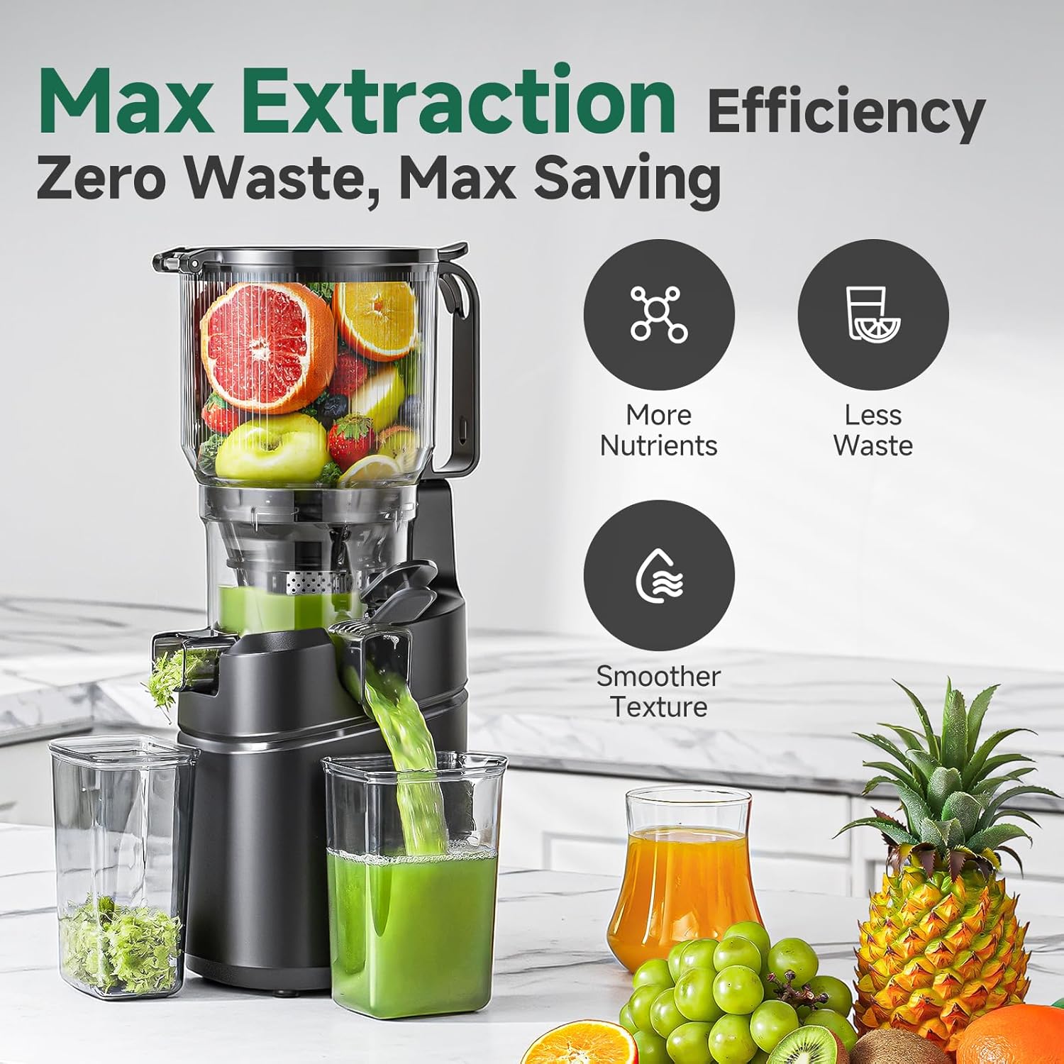 AMZCHEF Cold Press Juicer – 6.5' Wide Mouth Hopper for Whole Recipe Loading, Self Feeding for Hands-Free Operation, Zero Waste Masticating Juicer For More Juice, Less Pulp – Triple Strainers