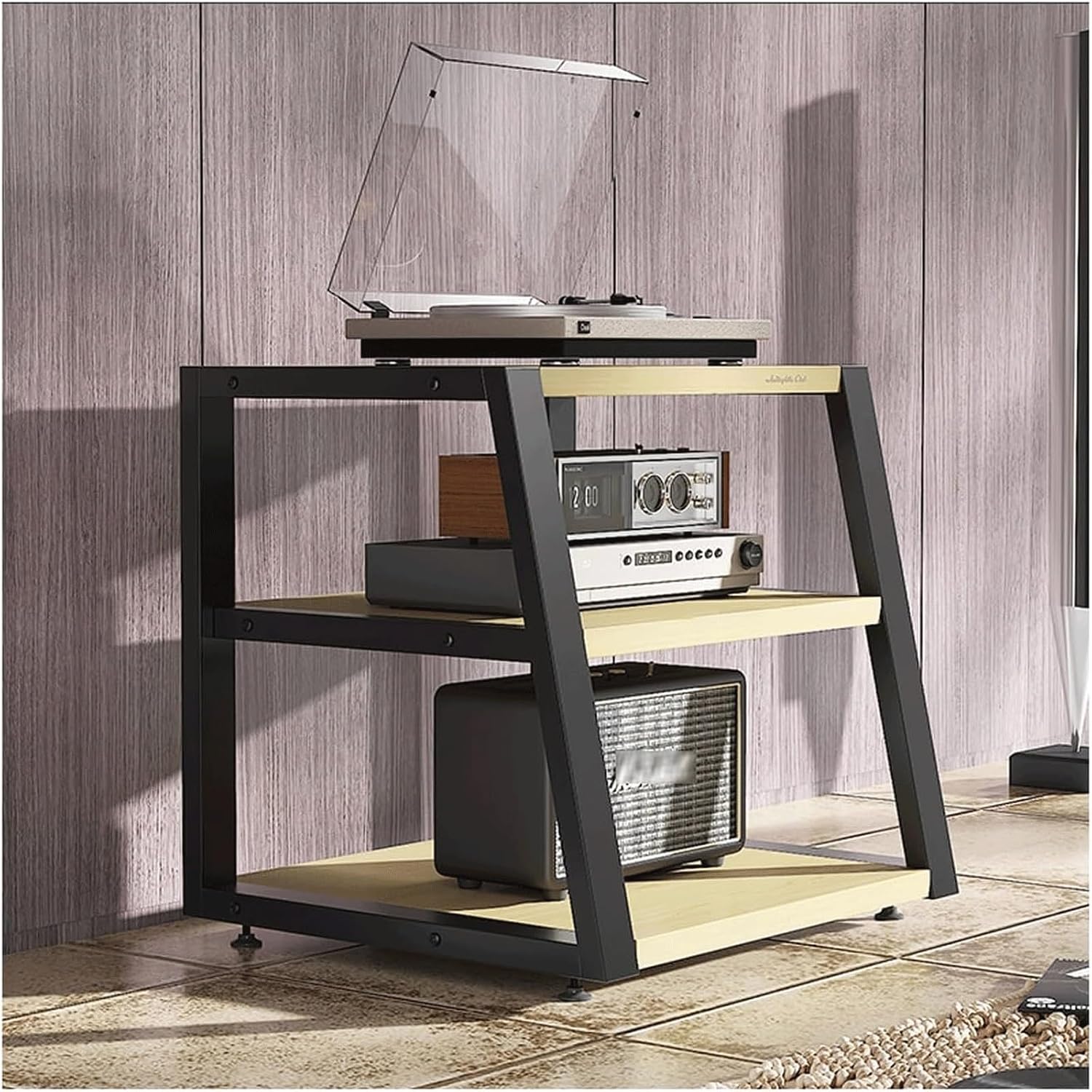 Audio Rack 2/3/4 Tier Stereo Rack Audio Equipment Rack Audio Stereo Shelf Wooden Open HiFi Rack Audio-Video Shelving Corner Durable(Natural,60cm)