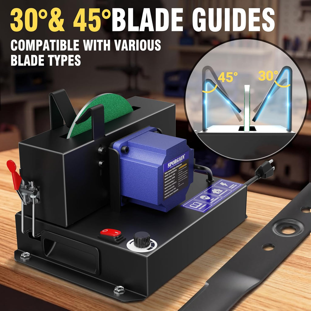 SporGain Lawn Mower Blade Sharpener, Brushless Motor 3000RPM Blade Grinder with Lifetime Motor Warranty, 7' Ceramic Wheel with 6 Sanding Discs for High Lift, Low Lift, Gator & Flat Blades(3pcs)
