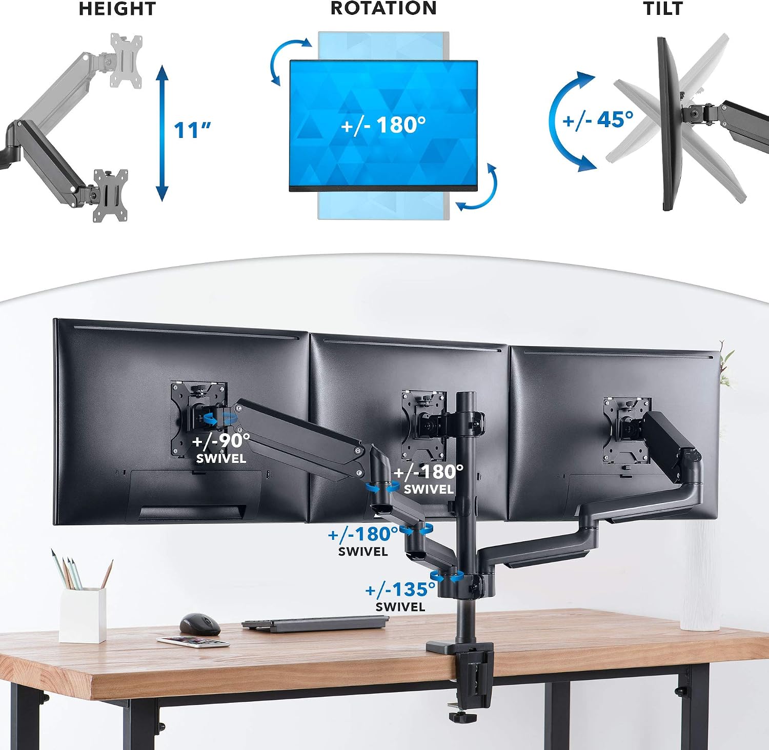 Mount-It! Triple Monitor Desk Mount with Full Motion Arms, 3 Monitor Riser with Gas Spring Arms for 27' Max Computer Screens, Sturdy Dual Clamp Base, Black