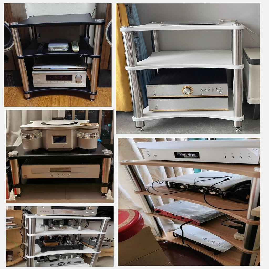 Heavy Duty Audio Component Rack, 85cm High Amplifier Rack Shelf/Audio-Video Shelving - Display Record Player Stereo Receiver, HiFi Audiophile Equipment Cabinet, Black White Wood Teak