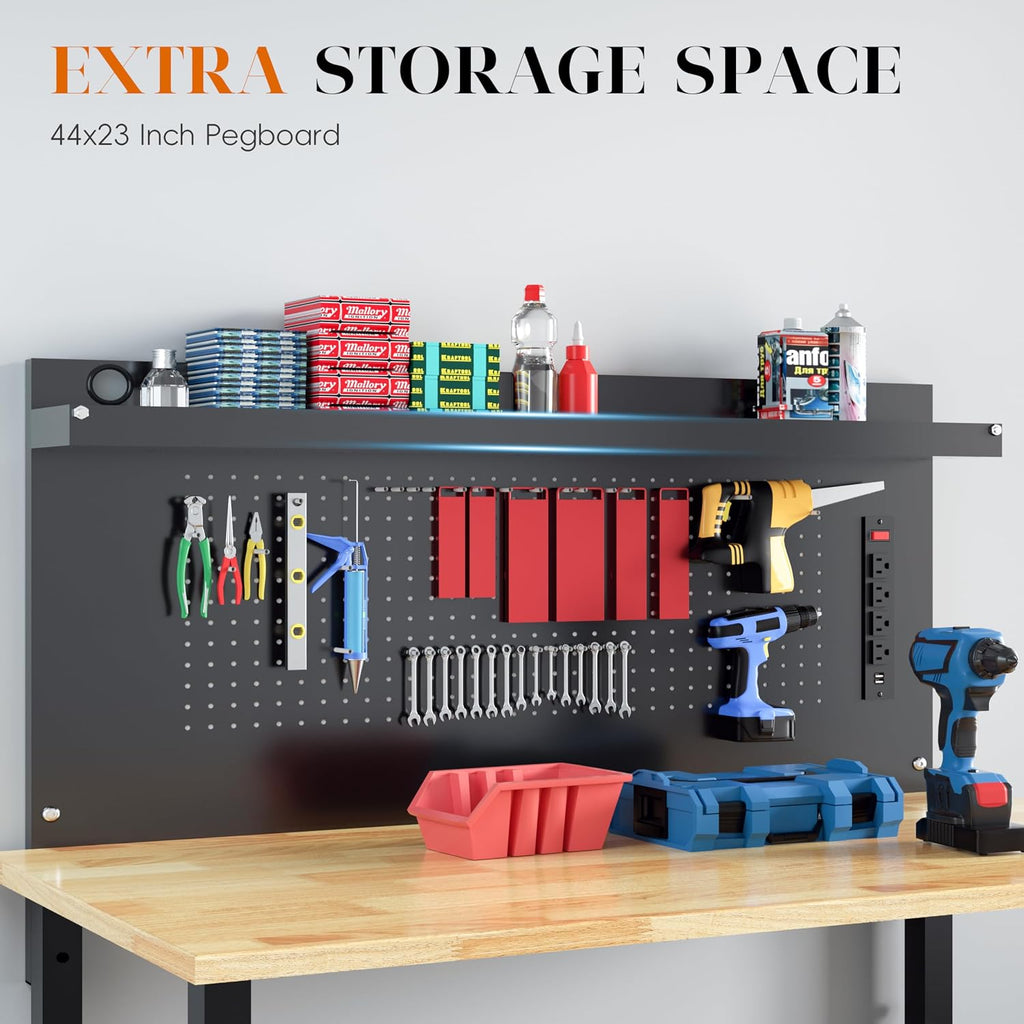 60' Heavy Duty Adjustable Workbench with Large Pegboard& Partition, Adjustable Work Table with Power Outlets & Lockable Wheels, Rubber Wood Workstation for Garage, Workshop, Office, Home, Commercial