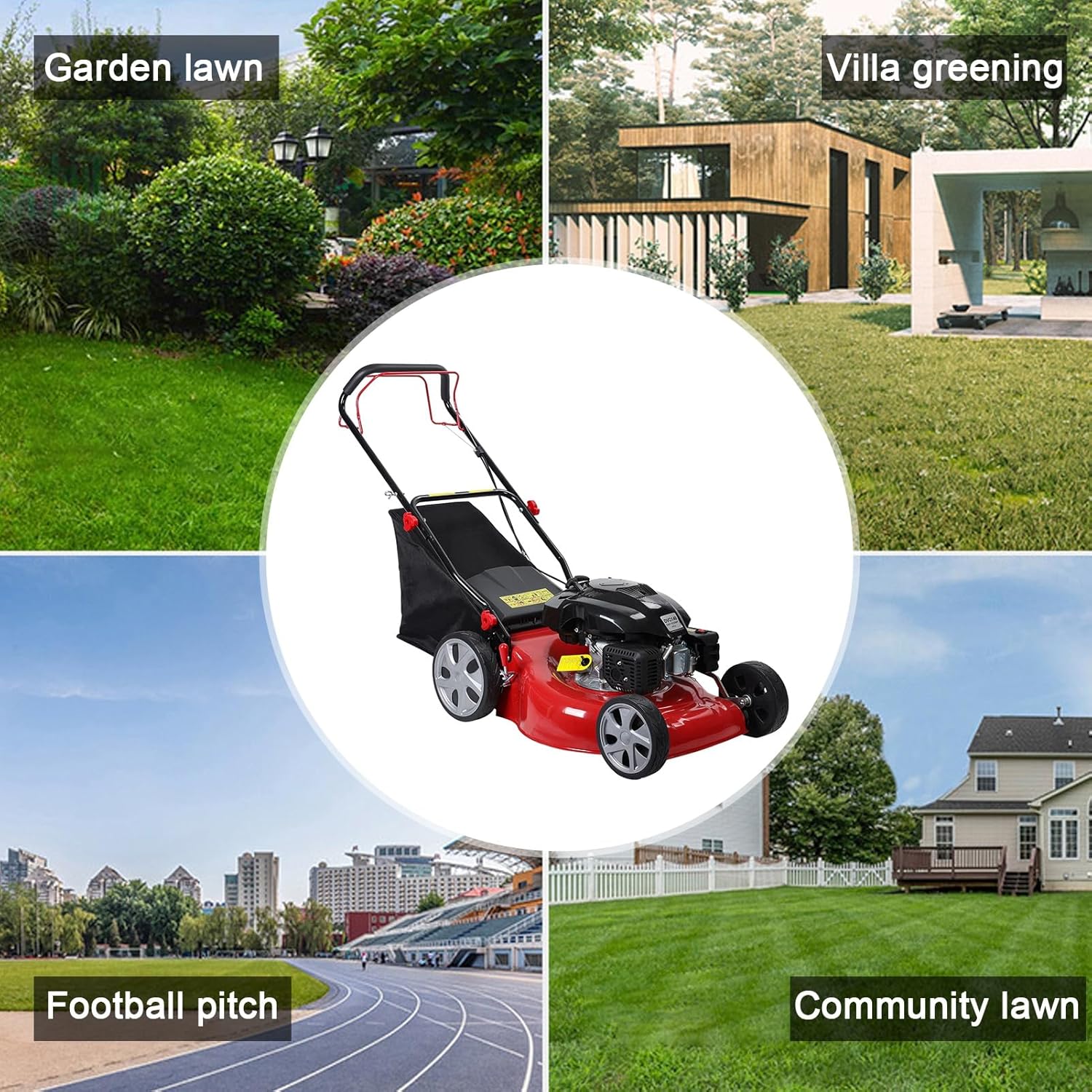Self Propelled Gas Lawn Mower,20 Inch Lawn Machine Adjustable Length 141cc Gas Engine Mower Ergonomic Handle 2850rpm Walk Behind Mower with 50L Grass Tank High Rear Wheel for Lawn Care Red