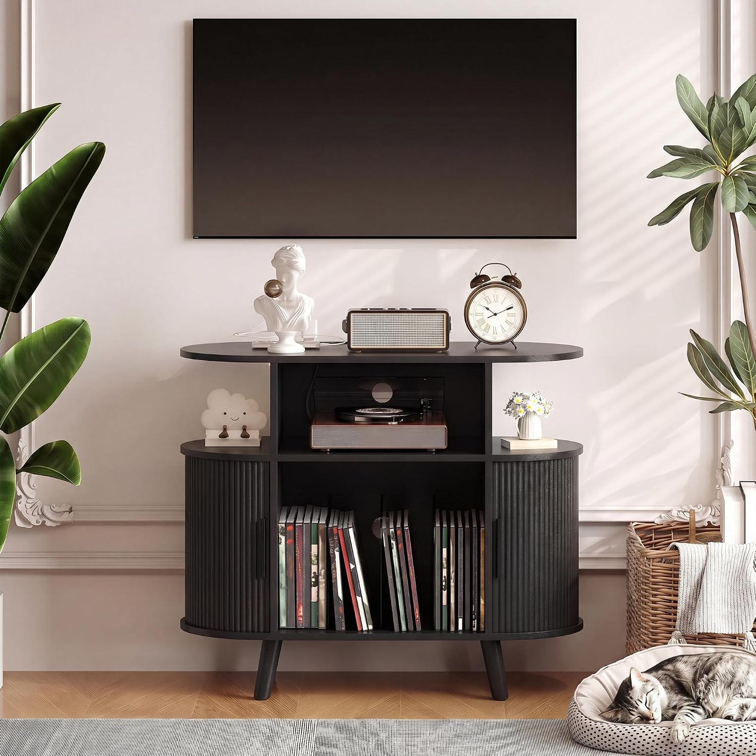 Garvee 35'' Fluted Mid Century Modern Turntable Cabinet, Large Round Record Player Stand with Charging Station and Display Shelf, Arched Wood Record Player Table for Living Room