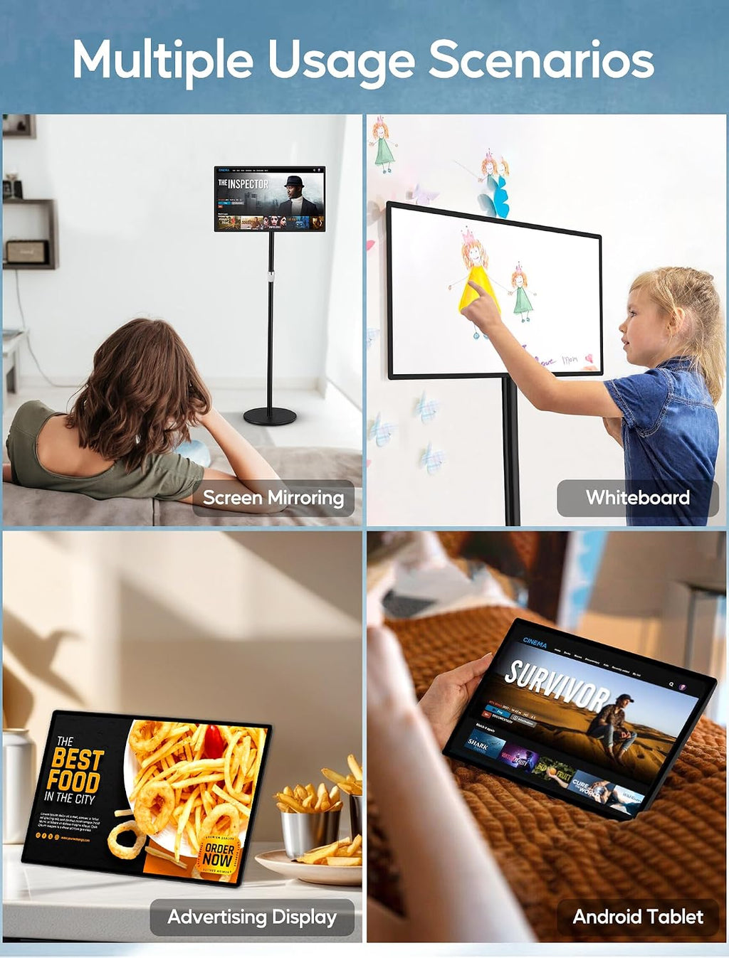 15.6' Digital Signage with Battery, Capacitive Touchscreen Advertising Display, Commercial LCD Monitor with Stand, Auto Play, Wireless Screen Mirroring, Android 13, 2+32GB, Black