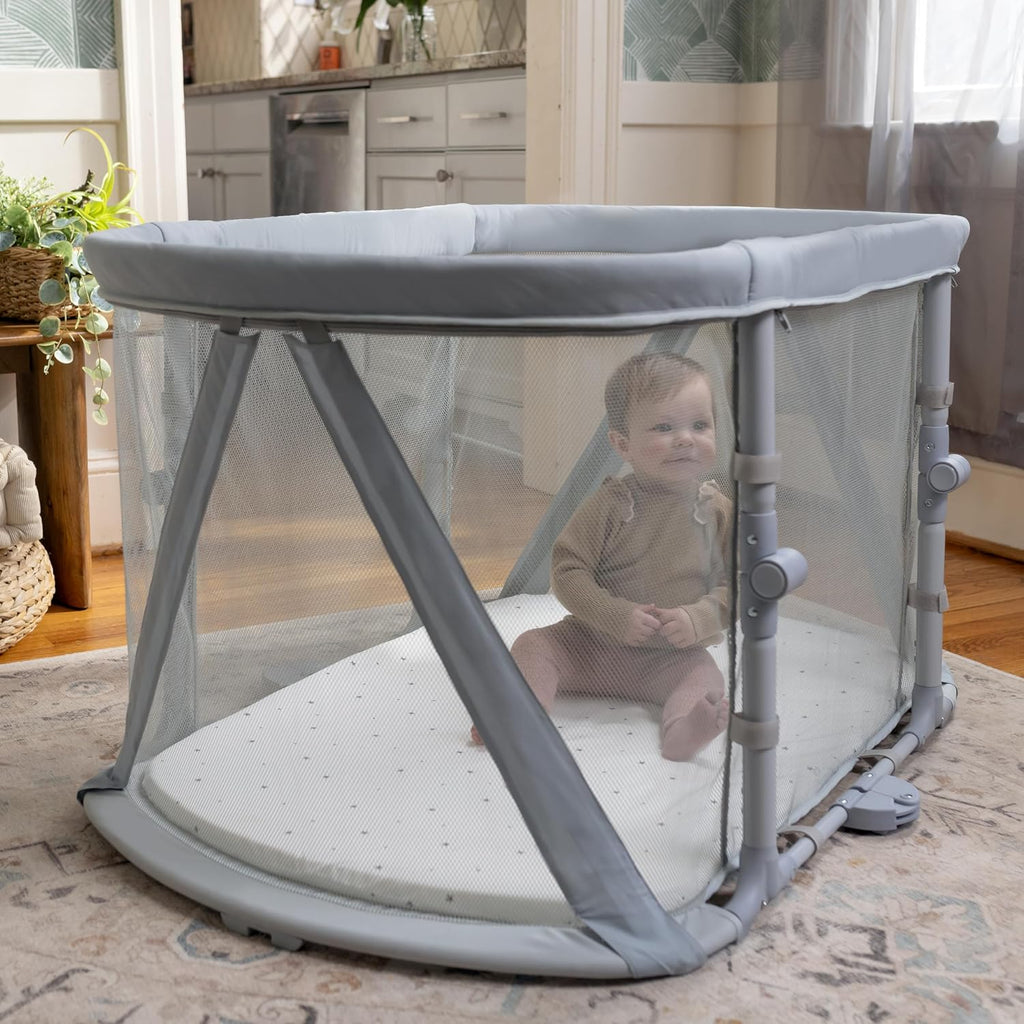 Ingenuity Dream Retreat 3-in-1 Portable Bassinet & Playard, Easy 3-Step Fold, Includes Indoor Outdoor UPF 50+ Light Blocking Shade, Mattress, & Sheet, 0-36 Months - Neutral