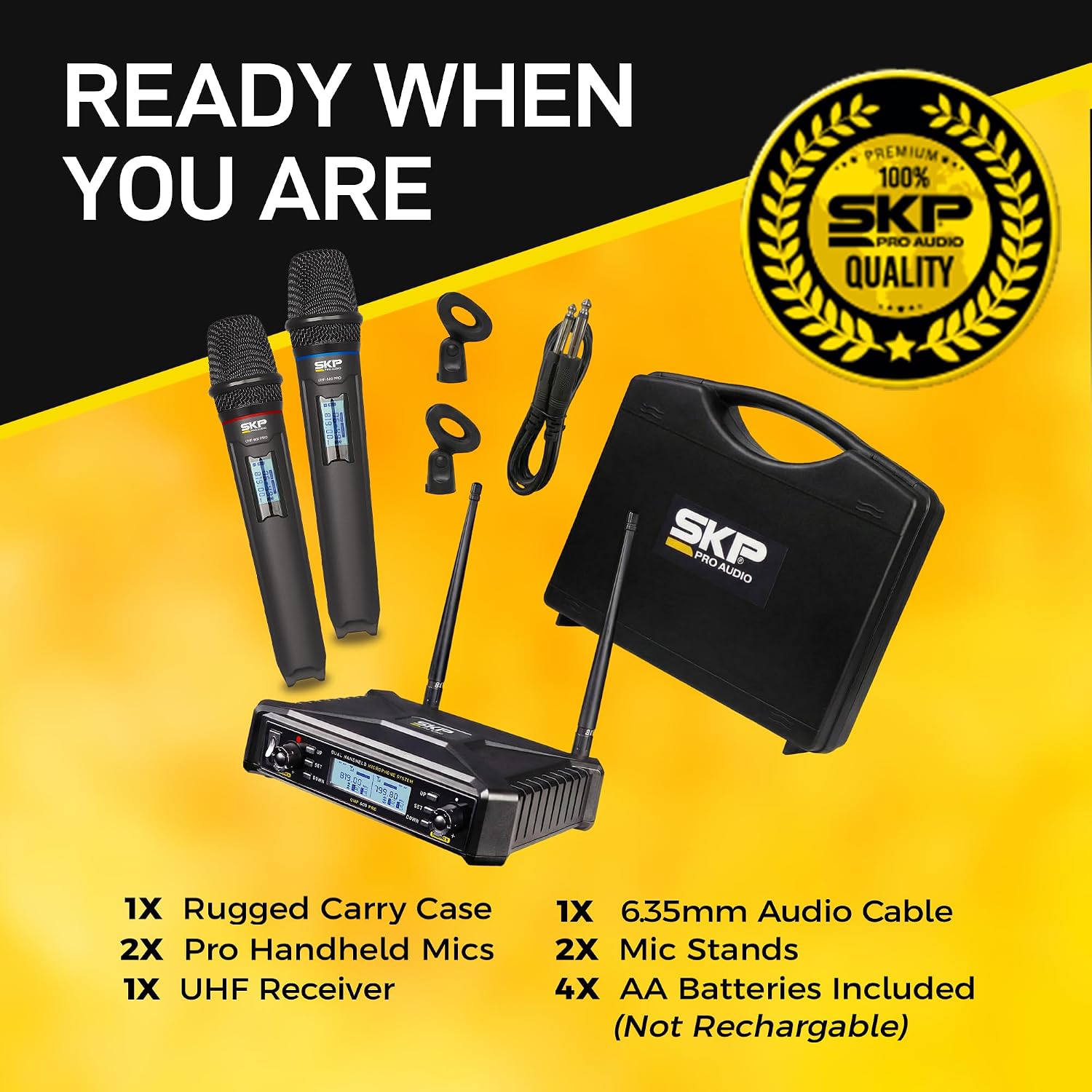 SKP UHF-600 PRO Dual Wireless Microphone System – Auto-Scan, 300ft Range, Dual LCD Control for Battery, Complete Kit with 2 Wireless Microphones for Karaoke, DJs, Weddings, Church & Classroom