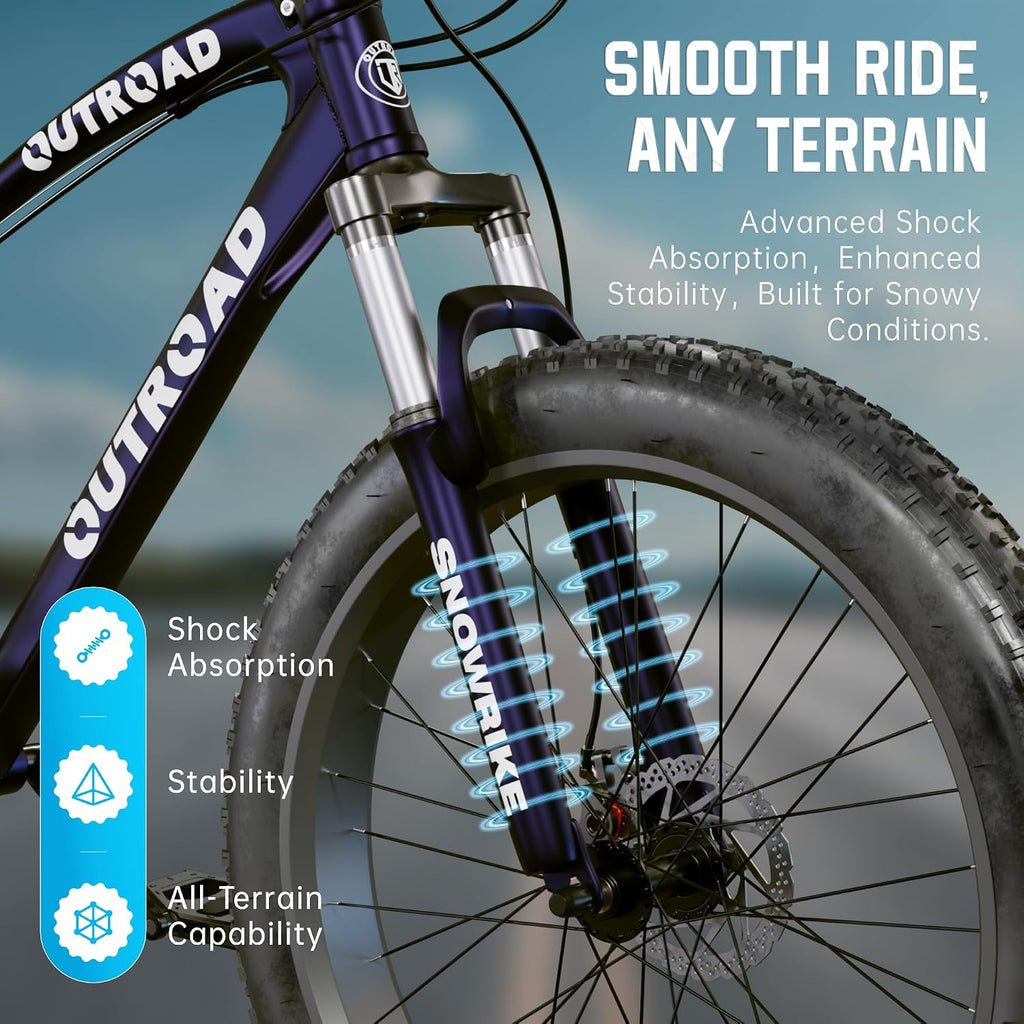 26' Fat Tire Mountain Bike with 4 inch Knobby Tires, 21 Speed MTB with Dual Disc Brake for Adults, Anti-Slip Bicycle, Black, White, Blue&Purple