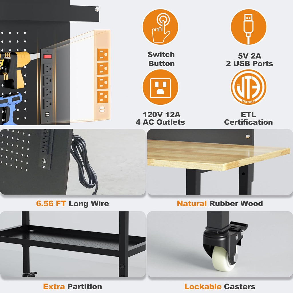 60' Heavy Duty Adjustable Workbench with Large Pegboard& Partition, Adjustable Work Table with Power Outlets & Lockable Wheels, Rubber Wood Workstation for Garage, Workshop, Office, Home, Commercial