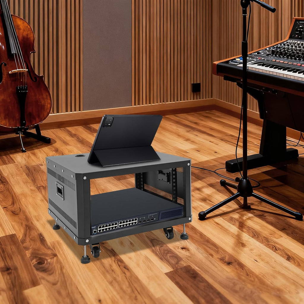 6U Server Rack with Wheels&Leveling Feet, Freestanding Rolling Open Frame IT Network Server Cabinet Rack Shelf for Audio Video Music Recording Computer AV Data & IT Equipment,Black
