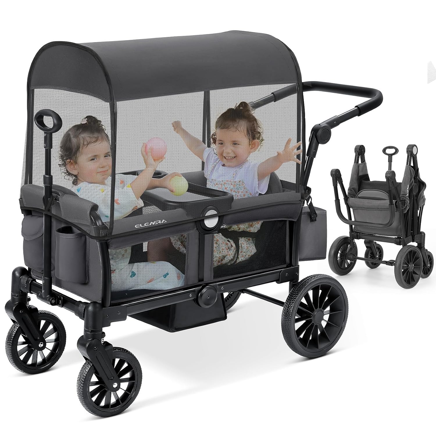 ELEMARA Foldable Wagon Stroller, Stroller Wagon for 2 Kids, Premium All Terrain Wagon for Kids with Removable Canopy, Adjustable Push/Pull Handle, Harnesses, Large Storage Bag, Grey