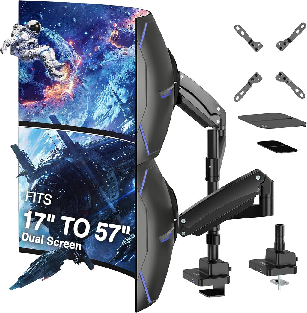 AVLT Dual 57 Inch Heavy Duty Stacking Monitor Arm Pole Top Mount with USB-C&A Ports-Black, Height Adjustable, Easy Install Top C-Clamp/Grommet w/Reinforcement Plates, VESA Compatible 200/100/75