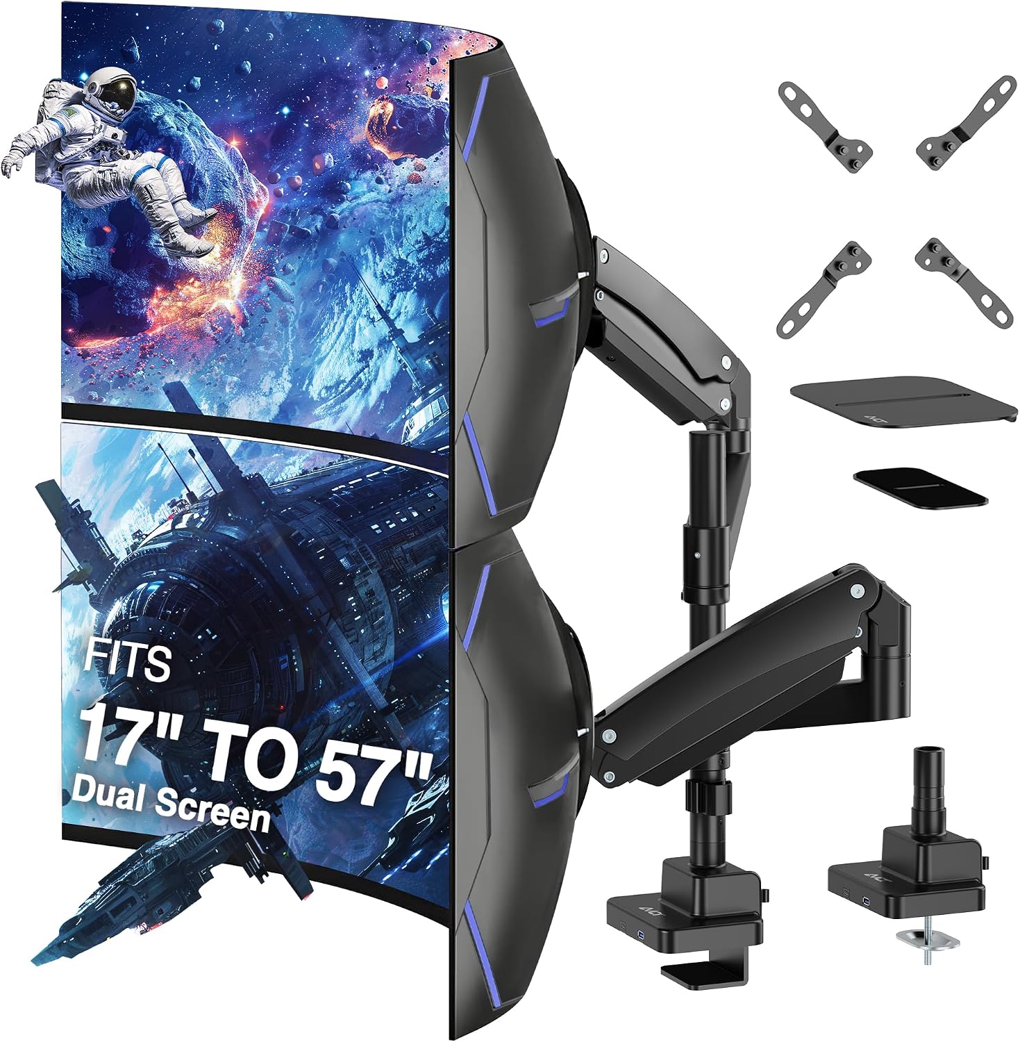 AVLT Dual 57 Inch Heavy Duty Stacking Monitor Arm Pole Top Mount with USB-C&A Ports-Black, Height Adjustable, Easy Install Top C-Clamp/Grommet w/Reinforcement Plates, VESA Compatible 200/100/75