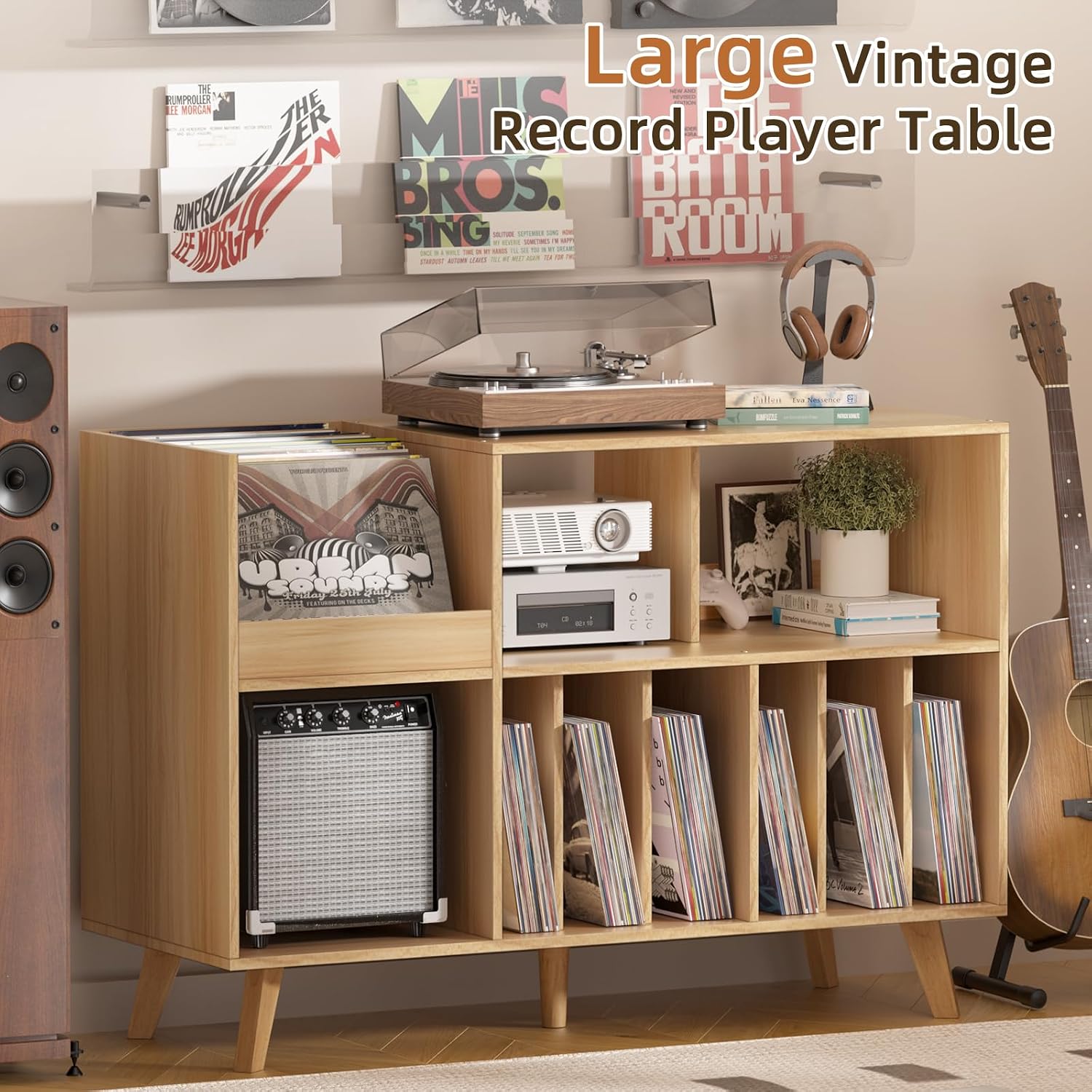 LELELINKY Large Record Player Stand, 48''Turntable Stand with Storage, Vinyl Record Holder with Display Area, Record Player Table Holds Up to 450 Albums, Record Stand for Music Room Living Room