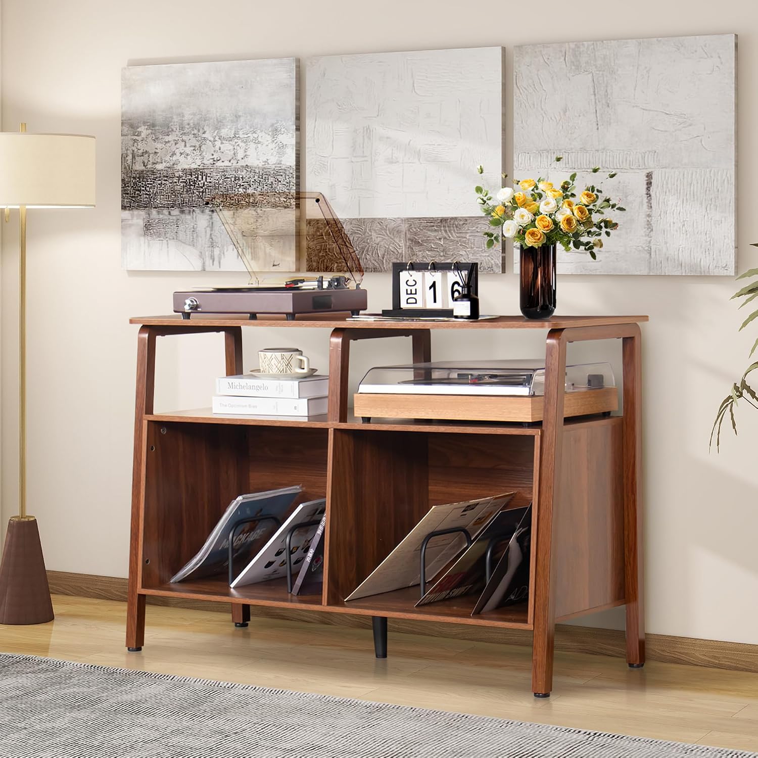 Mxtxmy Large Record Player Stand,Mid Century Turntable Stand Table with Open Storage Holds up to 300 Albums,Vinyl Record Storage Display Shelf for Living Room Bedroom (Walnut)