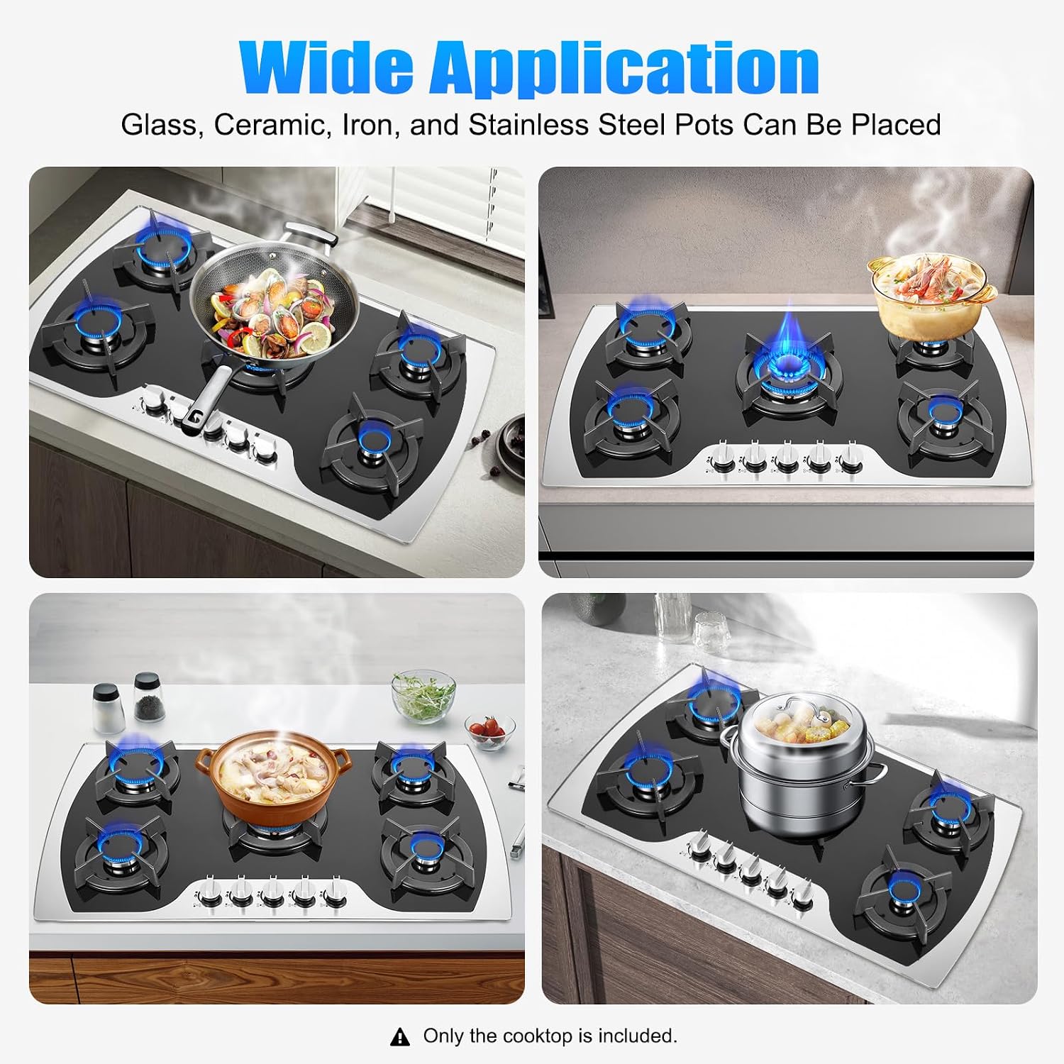 5 Burner Gas Stove, 30In Gas Cooktop, NG/LPG Dual Fuel Cooktops Gas Cooker, Built-In Stove Top Stainless Steel with Tempered Glass Panel, Independent Switch Control, for Home Kitchen, Restaurant