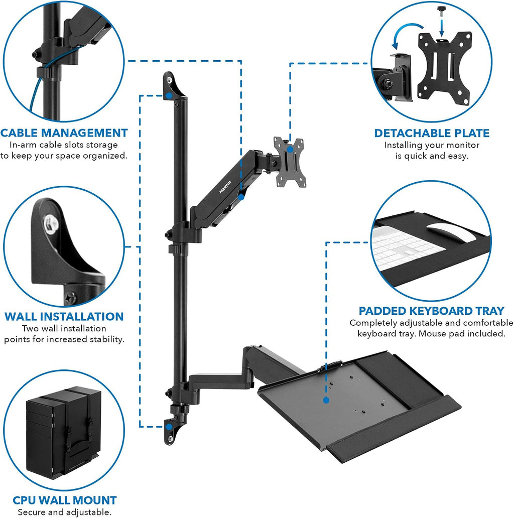 Mount-It! Single Monitor Arm Wall Mount Workstation with Keyboard Tray & CPU Holder, Height Adjustable Gas Spring Full Motion Computer Station, Fits 17–32' VESA 75x75 100x100, Black