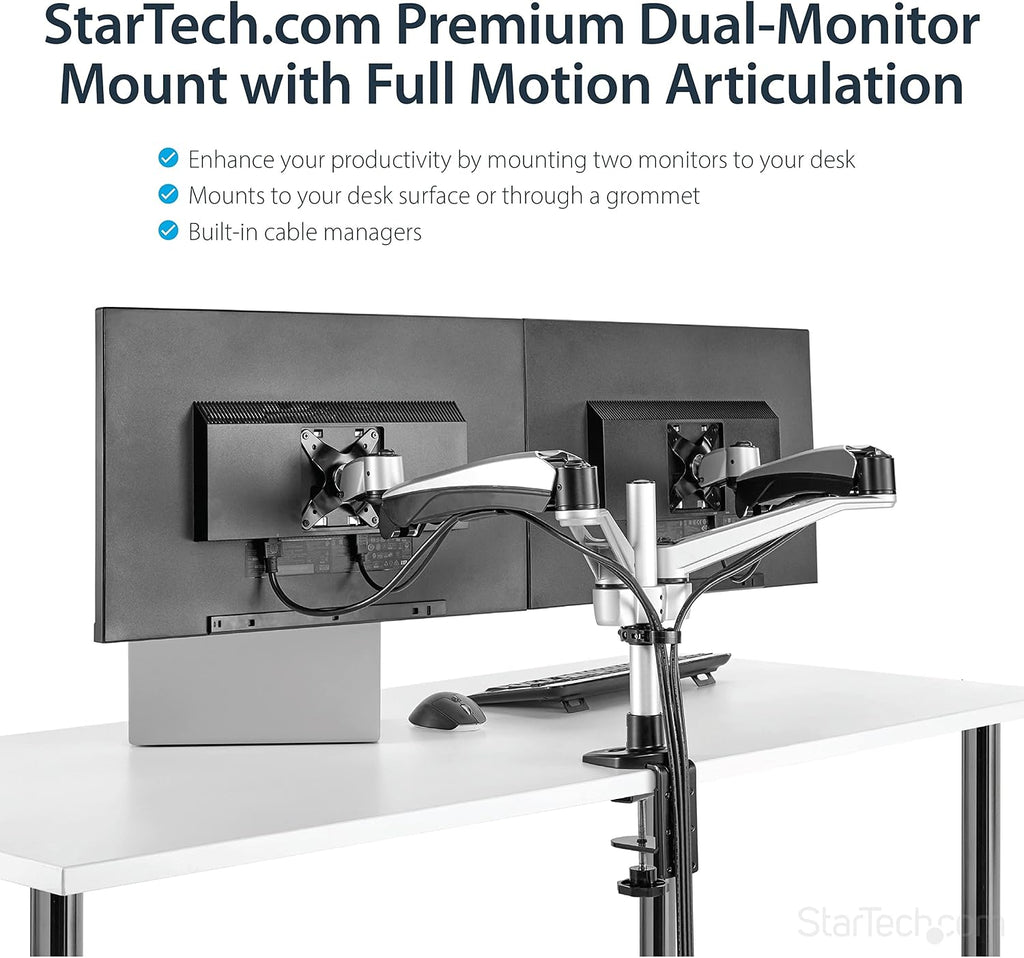StarTech.com Desk Mount Dual Monitor Arm - Articulating - Supports VESA Monitors 12'' to 30' (19.8lb/9kg) - Adjustable - Grommet/Desk Mount - Premium - Silver, TAA (ARMDUAL30)