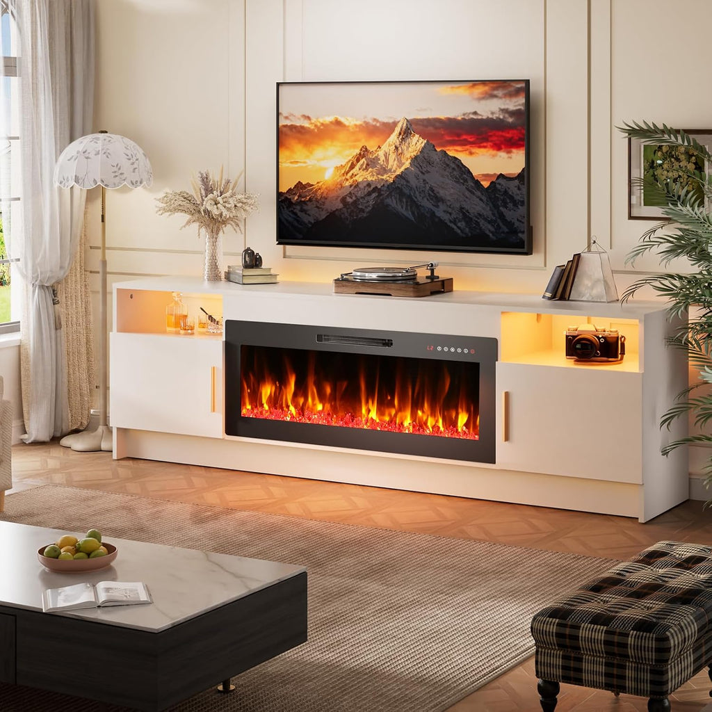 EAG 70 Inche Fireplace TV Stand for TVs up to 80 Inches with 36' Electric Fireplace, Modern Entertainment Center with Glass Shelves, LED Lights, Media TV Console for Living Room, White