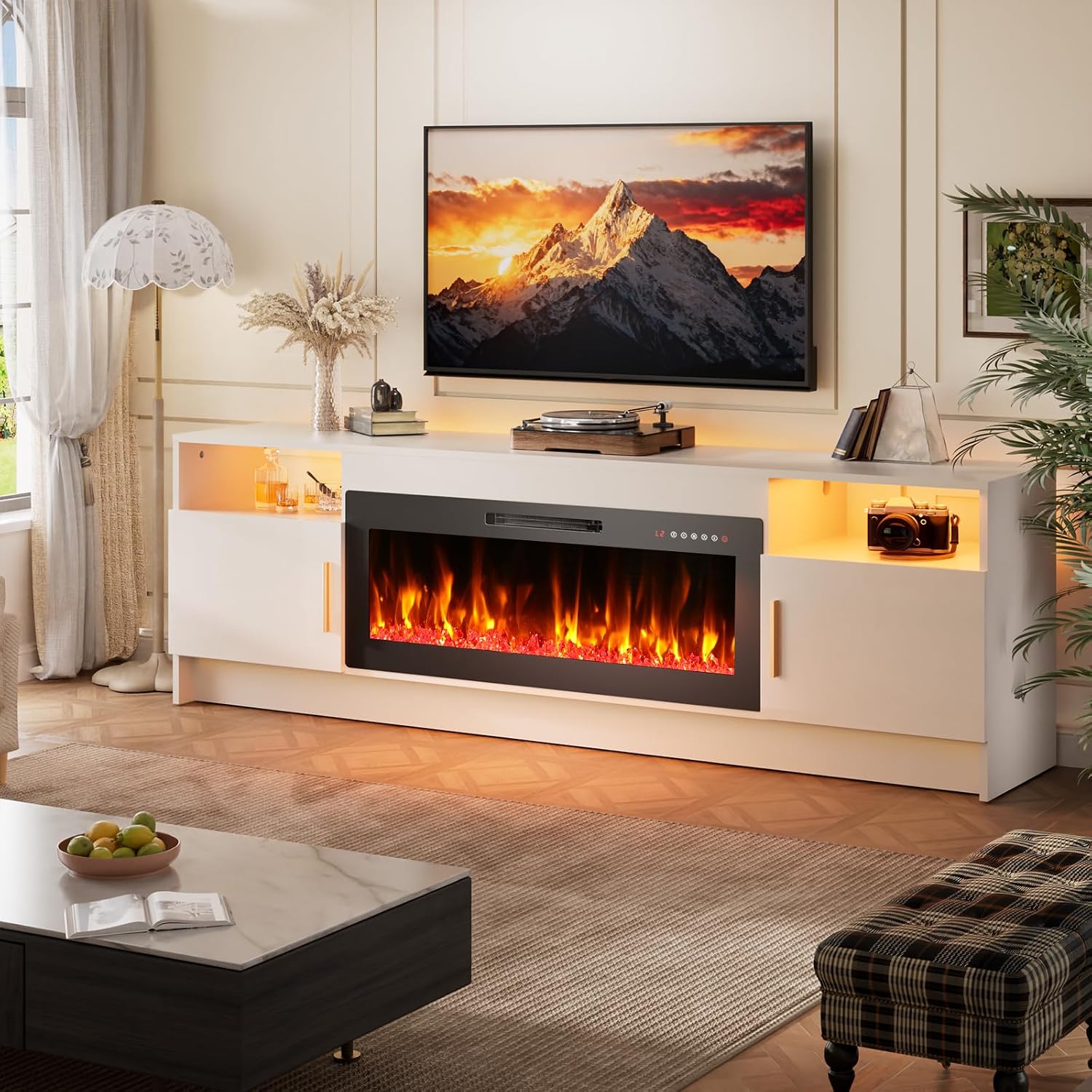 EAG 70 Inche Fireplace TV Stand for TVs up to 80 Inches with 36' Electric Fireplace, Modern Entertainment Center with Glass Shelves, LED Lights, Media TV Console for Living Room, White