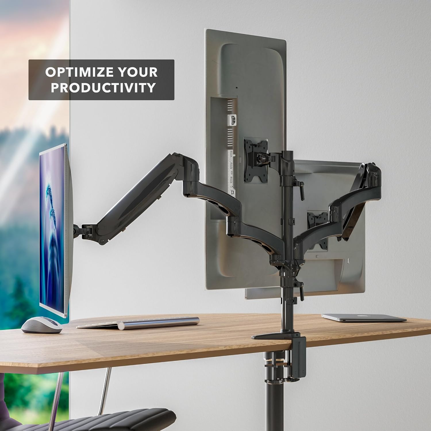 Mount-It! Triple Monitor Mount Desk Stand, 3 Monitor Desk Mount with Gas Spring Arms, Fits 13–32 Inch Screens up to 17.6 lbs per Arm, VESA 75x75 & 100x100, Clamp-On Installation, Black