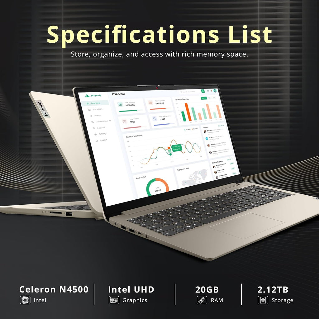 Lenovo IdeaPad 1 15.6' HD Business Laptop, Intel Celeron N4500, 20GB RAM, 1TB SSD+128GB eMMC, Intel UHD Graphics, Numeric Keypad, 1 Year Office 365, Wi-Fi 6, Win11 Pro, Sand, 1TB Docking Station Set