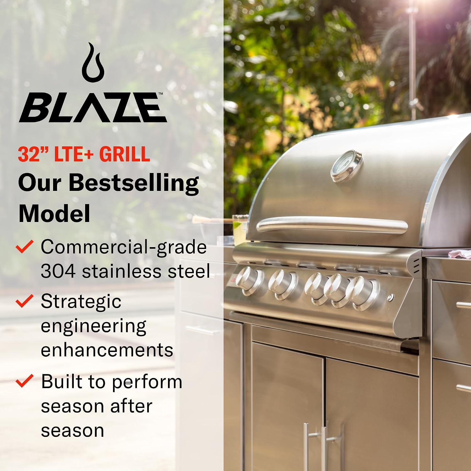 Blaze Gas Grill | 32-inch Built-in Natural Gas Grill | 4 Burner BBQ | Premium Outdoor Kitchen Grilling Experience | Best in Class Warranty | LTE+ | BLZ-4LTE3-NG