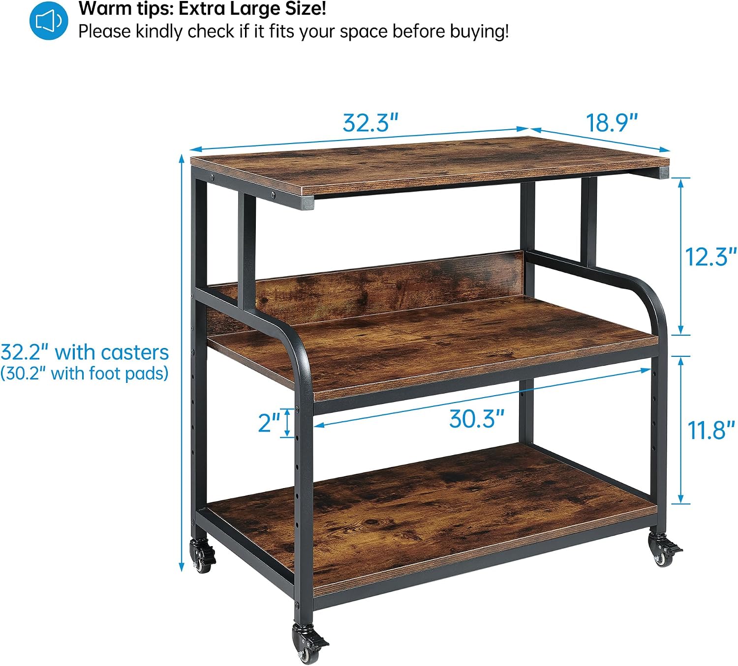 Fannova 32.3' Wide Extra Large Printer Stand, 3 Tier Printer Table with Adjustable Storage Shelf, Rolling Printer Cart with Industrial Wheels for Home Office, Rustic Brown