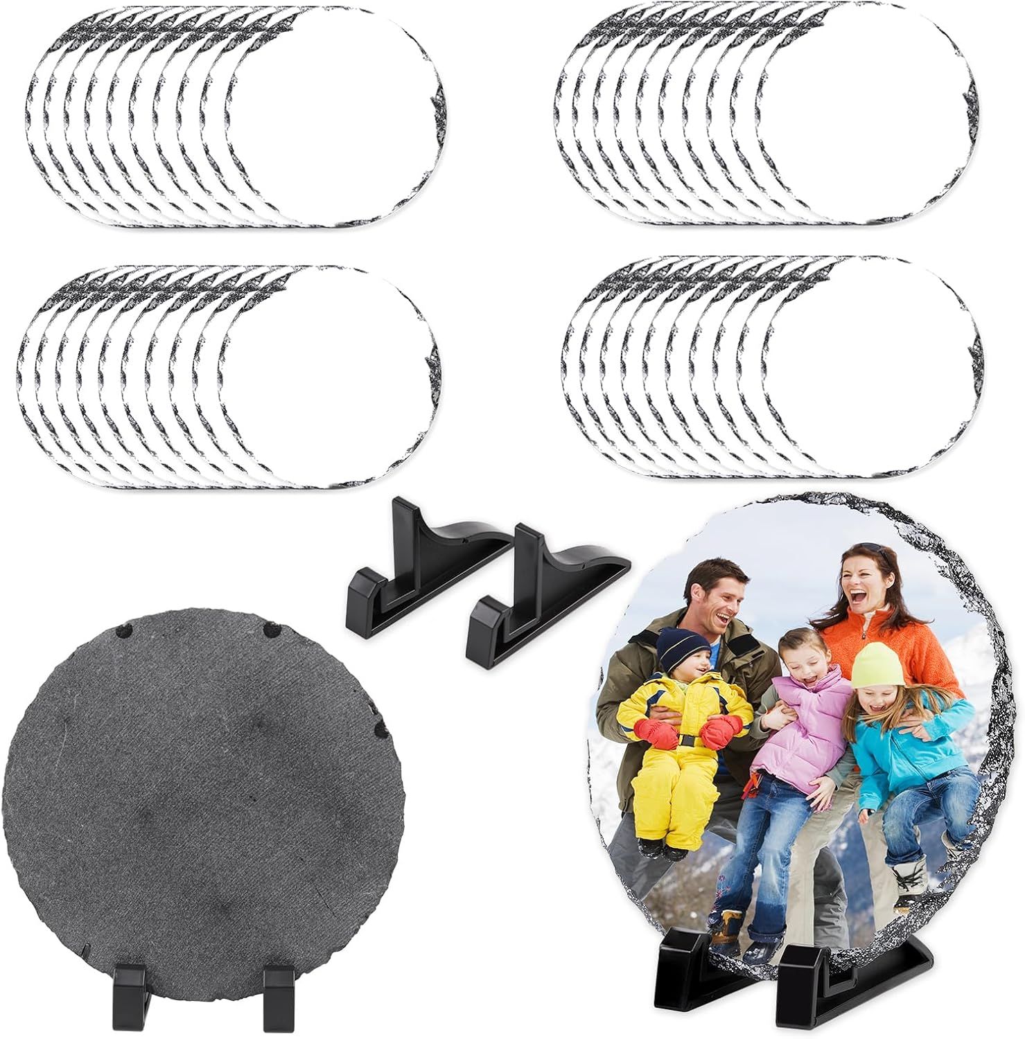 ORJ Sublimation Slate Blanks Custom Stone Slate Picture Frame Heat Transfer Rock Photo Plaque with Display Stand Decoration for Desktop Souvenir DIY Personalized Gift (round Slate * 40PCS)