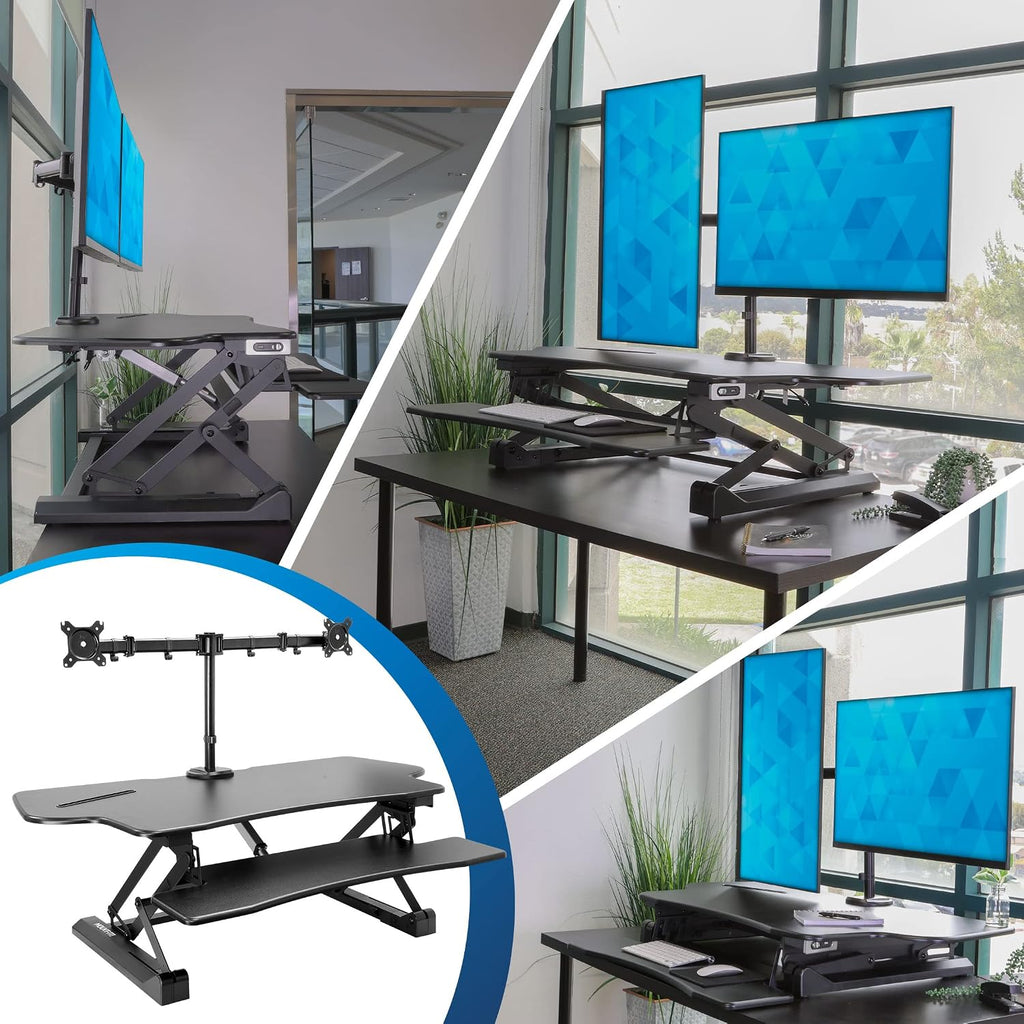 Mount-It! Electric Standing Desk Converter with Dual Monitor Arm, Stand Up Desk Riser X-Large 47.2' Wide, Electric Desk Riser with Mount for 2 Screens (Max 32'), Desktop with Keyboard Tray, USB, Black