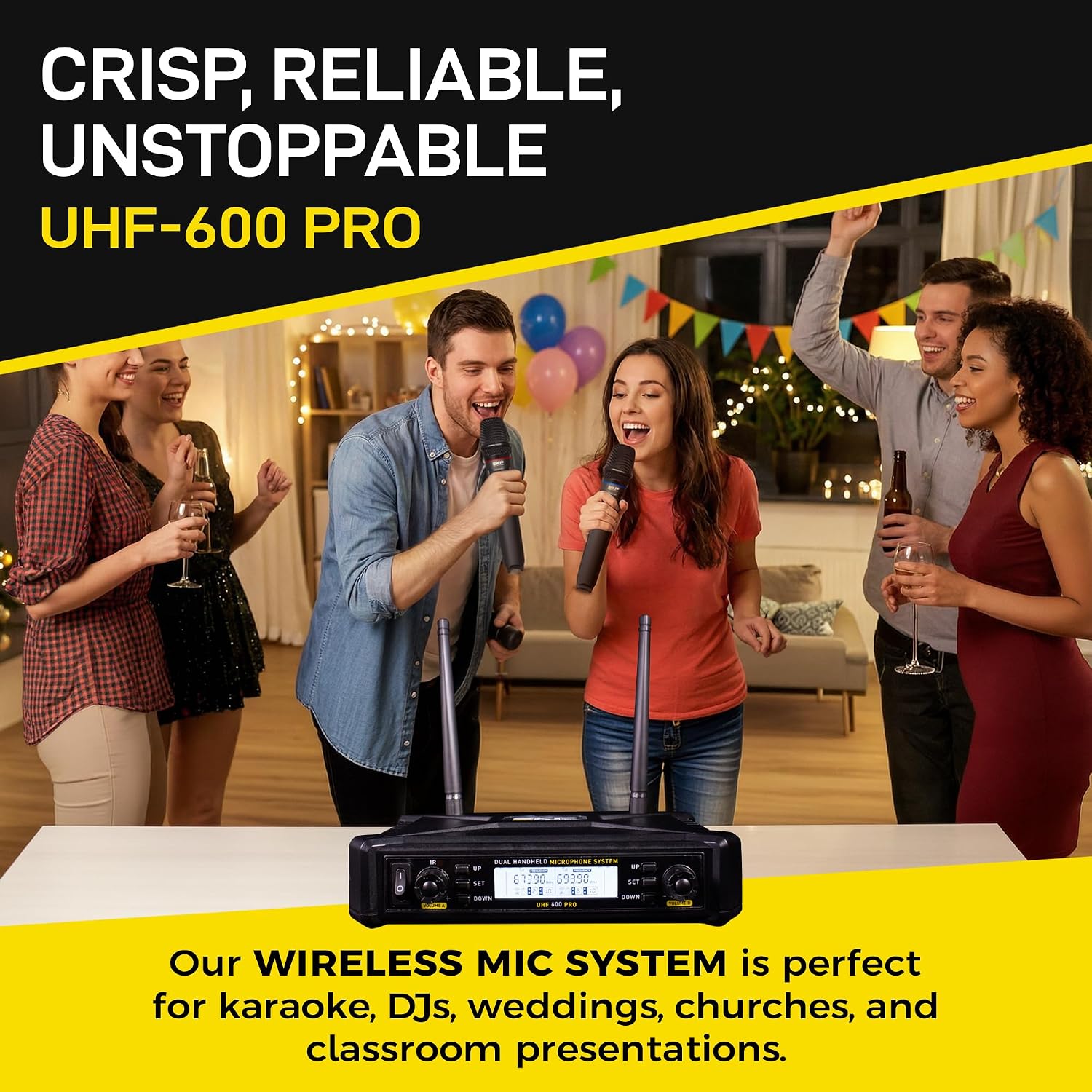 SKP UHF-600 PRO Dual Wireless Microphone System – Auto-Scan, 300ft Range, Dual LCD Control for Battery, Complete Kit with 2 Wireless Microphones for Karaoke, DJs, Weddings, Church & Classroom