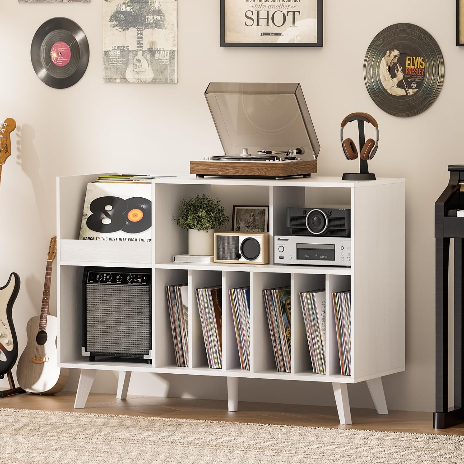 LELELINKY Large 48'' Record Player Stand with Storage, Vinyl Record Storage Holder with Display Area, Turntable Stand Record Player Table Holds Up to 450 Albums,Record Stand for Music Room Living Room