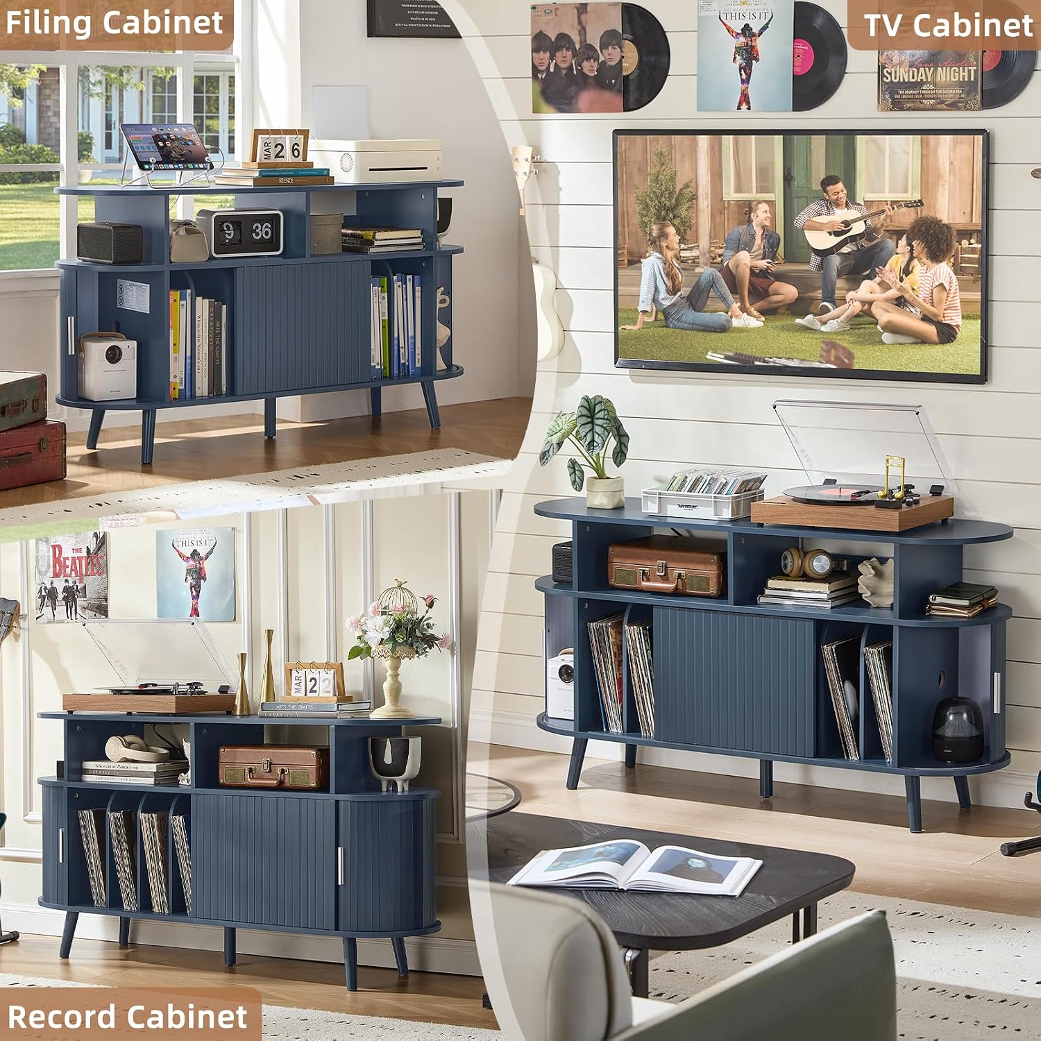 LELELINKY Large Round Record Player Stand with Charging Station & Fluted Panel, Blue Mid Century Modern Turntable Cabinet with Vinyl Storage, Arched Wood Record Player Table for Living Room