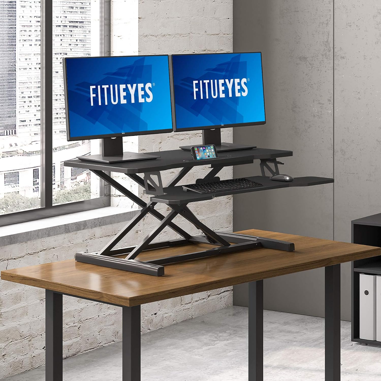 FITUEYES Height Adjustable Standing Desk 36' Wide Sit to Stand Converter Stand Up Desk Tabletop Workstation for Laptops Dual Monitor Riser Black SD309101WB