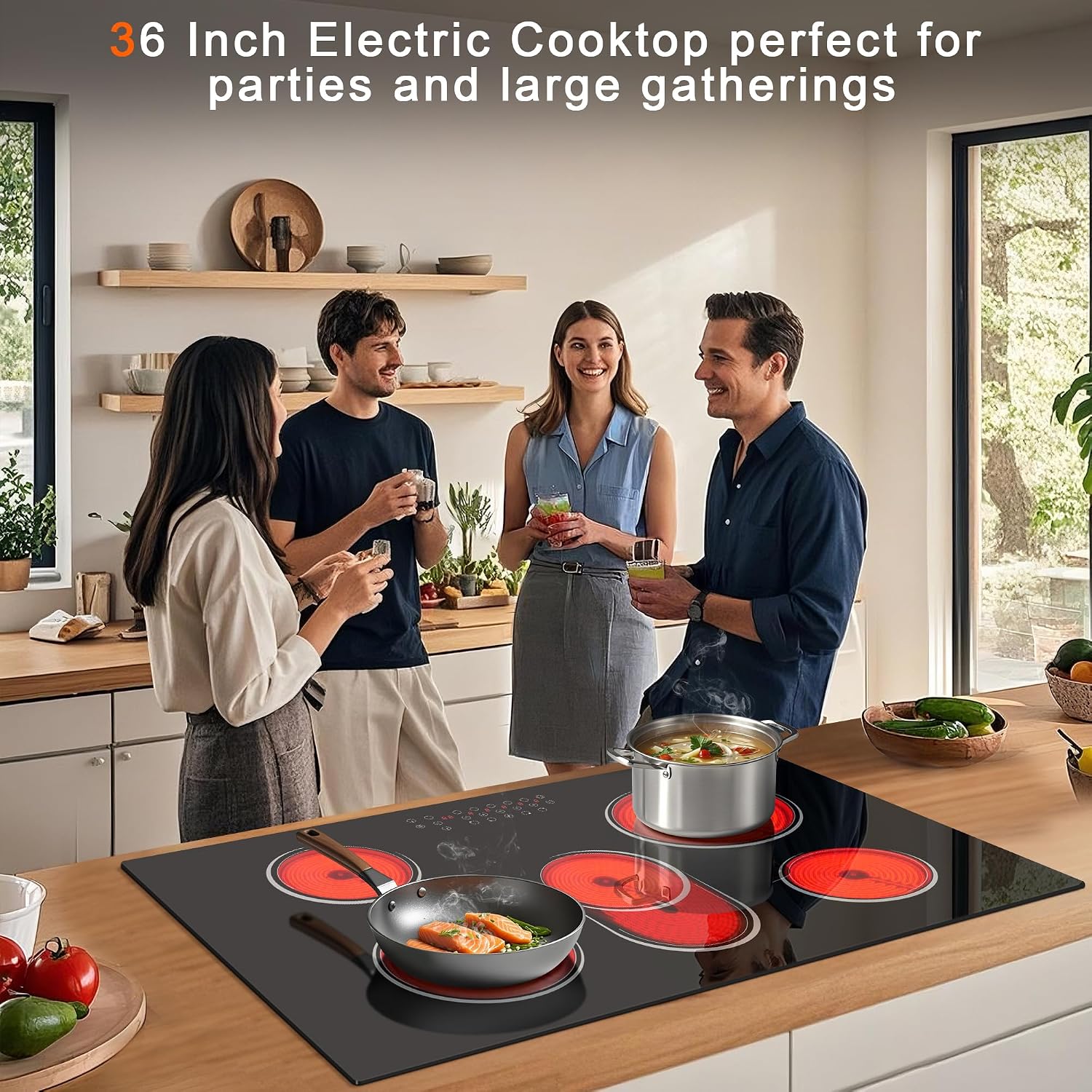5 Burner Electric Cooktop 36 Inch, Nefaracy Built-in Electric Stove Top 8400W, 36'' Ceramic Cooktop with Touch Control, BBQ Burner, Timer & Pause, Safety Lock, 220V Hard Wire