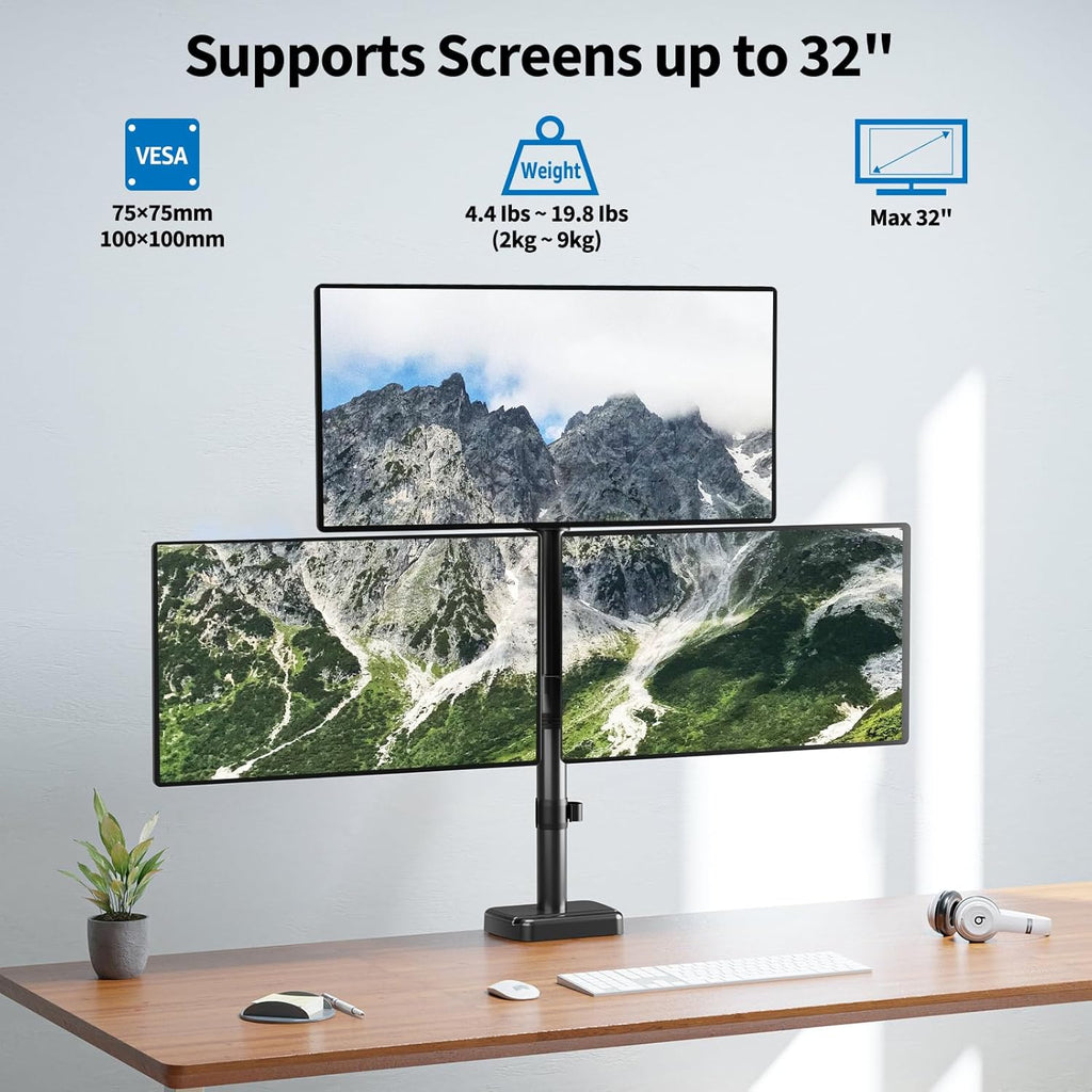 Triple Monitor Mount Fits Max 32' Computer Screen, Holds up to 17.6lbs Each Arm, 3 Monitor Desk Mount, Triple Stand with Tilt Swivel Rotation, VESA Mount 75/100mm