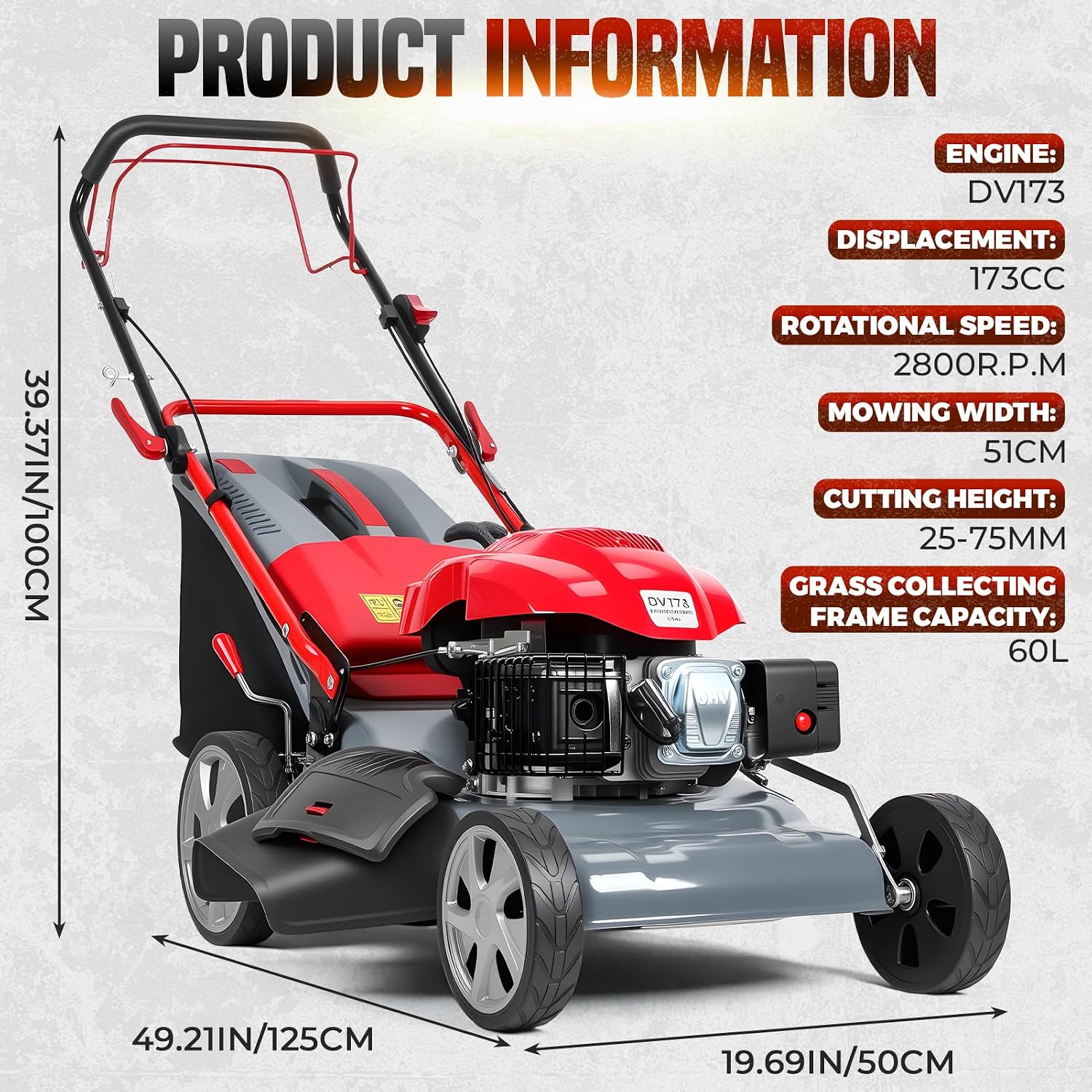 173CC 4-Cycle Engine Gas Engine Lawn Mower, 20-Inch Self-Propelled Lawn Mowers, Push Lawn Mower with 60L Grass Tank for Yard Patio Lawn Landscaping