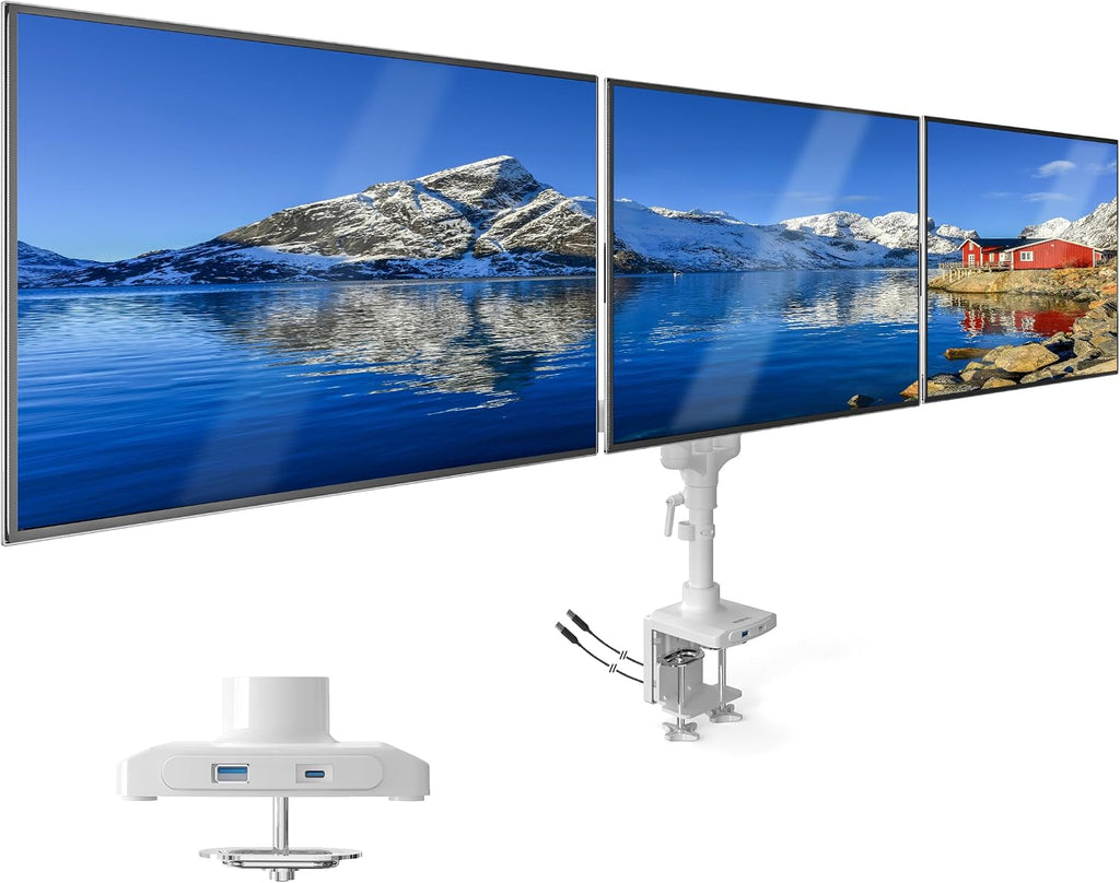 Mount-It! Triple Monitor Mount, 3 Monitor Desk Mount, Gas Spring Arms, Fits 13–27' Screens, VESA 75 & 100, Clamp or Grommet, USB-A & USB-C, White